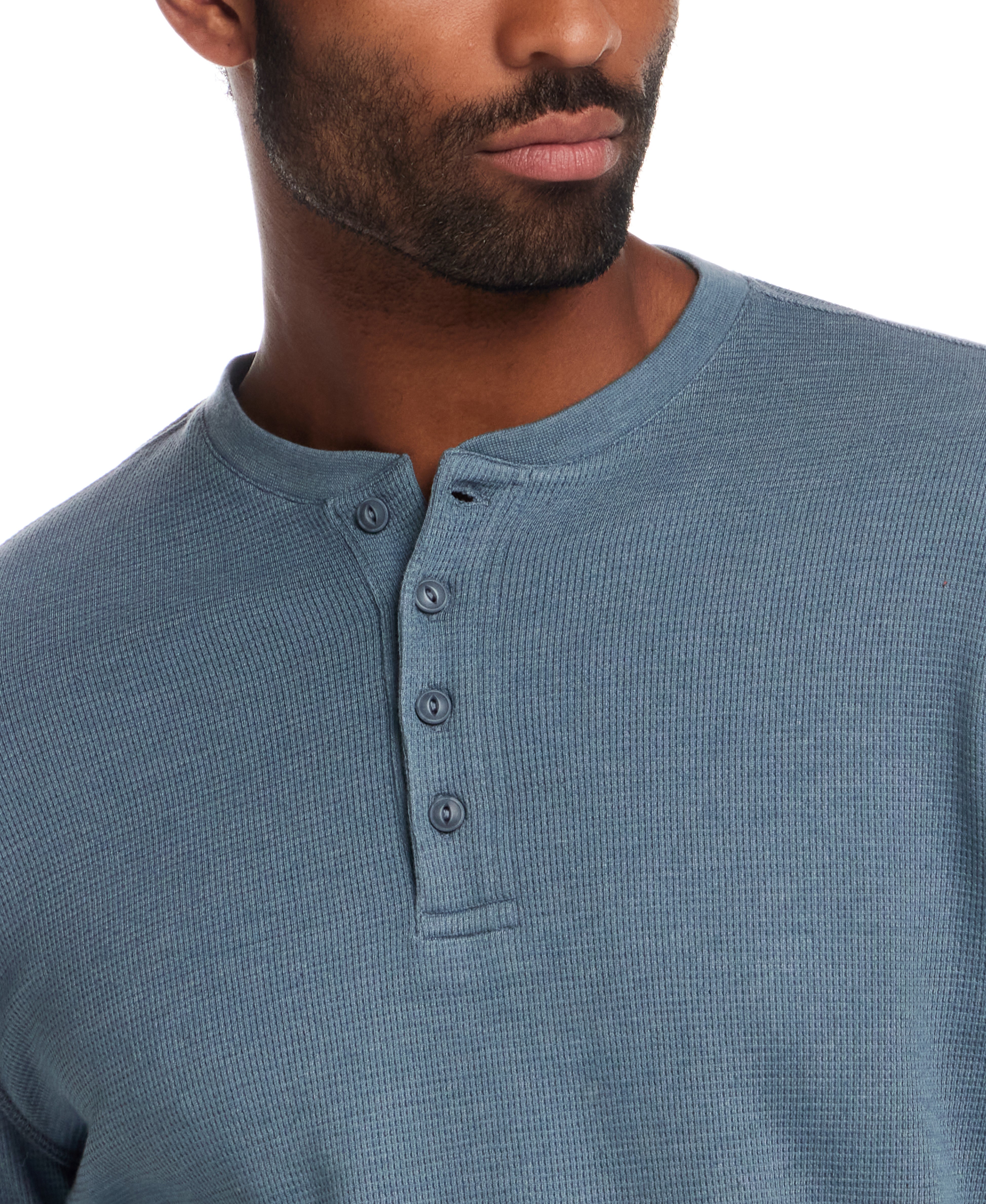 Long Sleeve Waffle Henley in Storm Blue