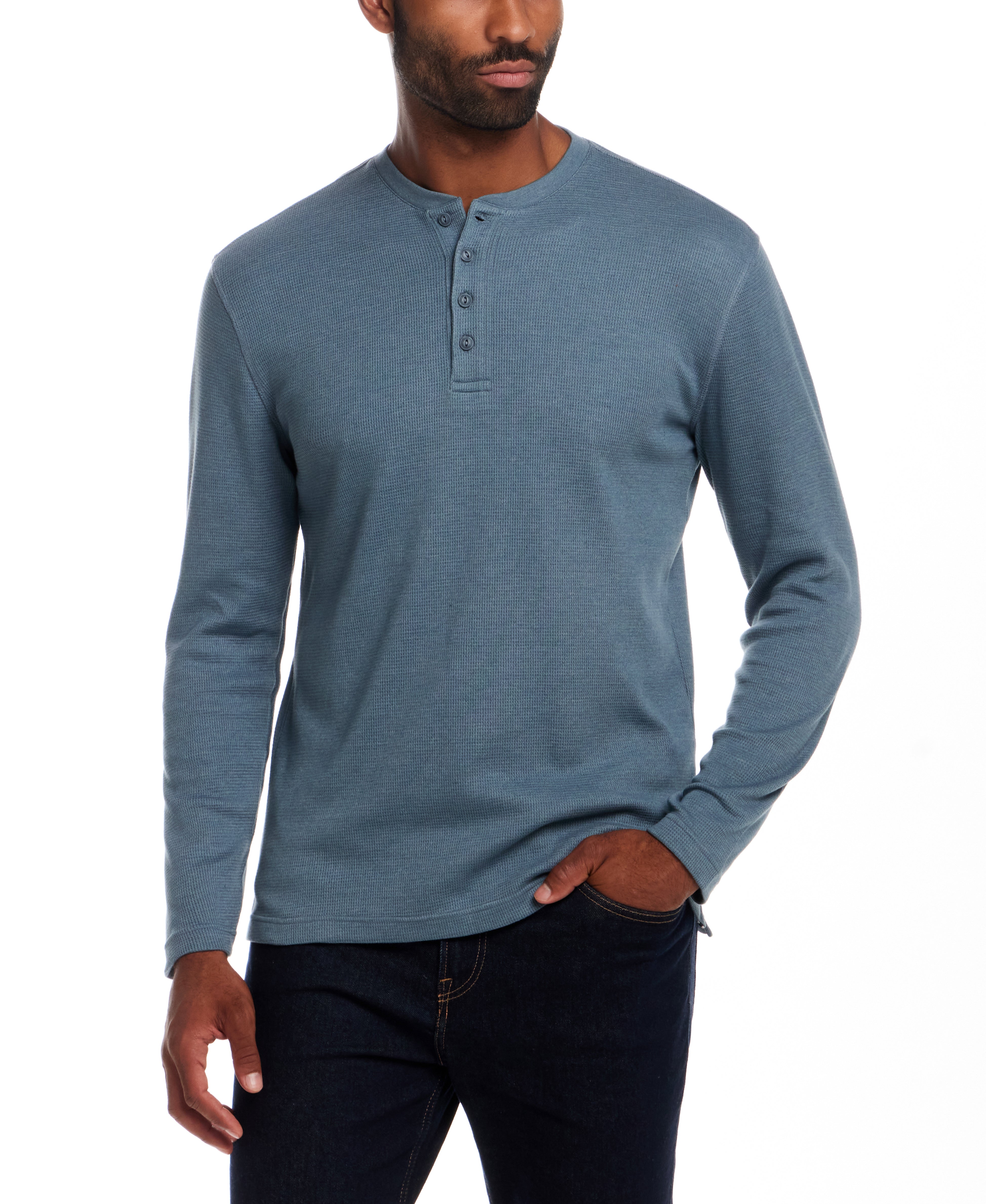 Long Sleeve Waffle Henley in Storm Blue