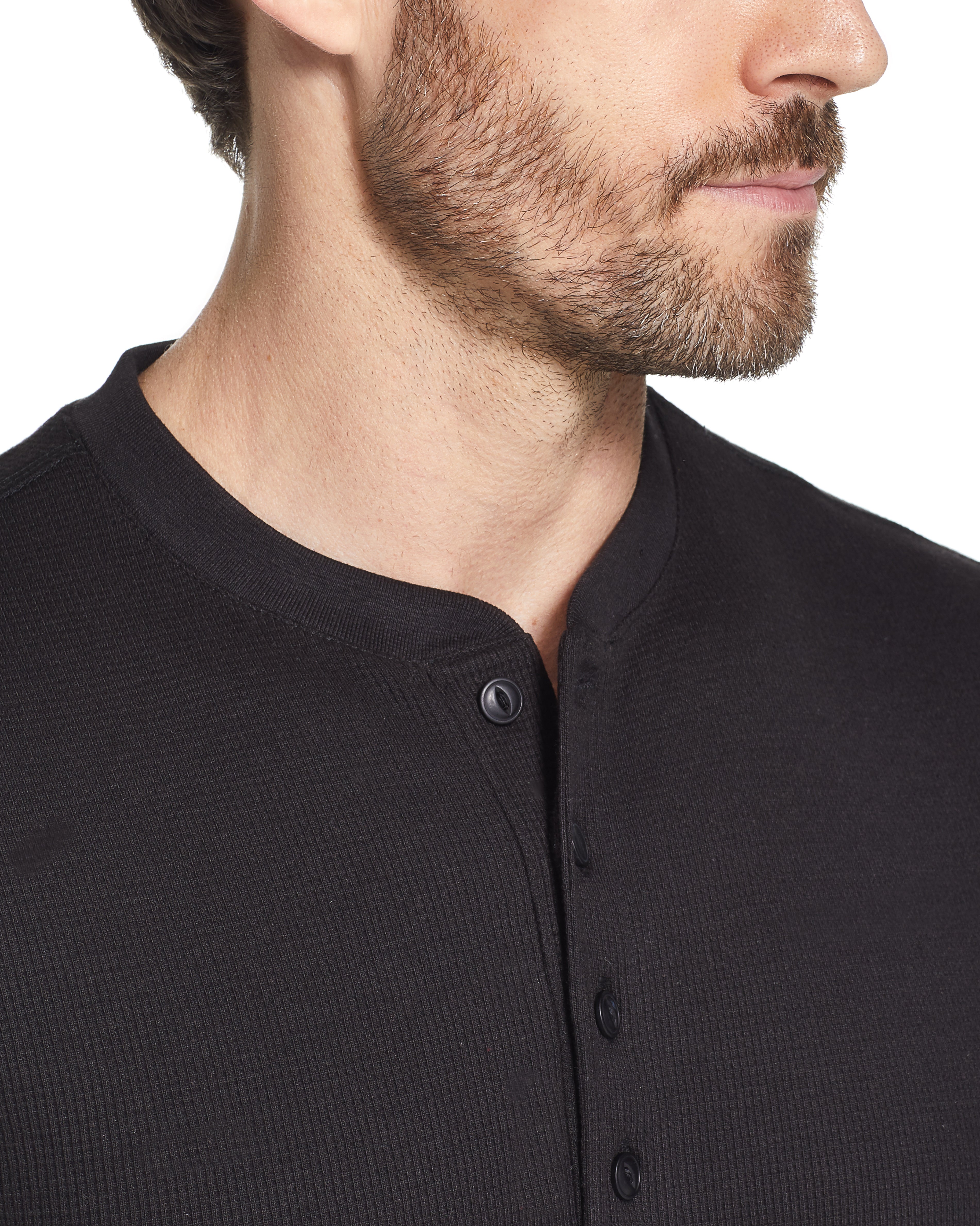 Long Sleeve Waffle Henley in Black