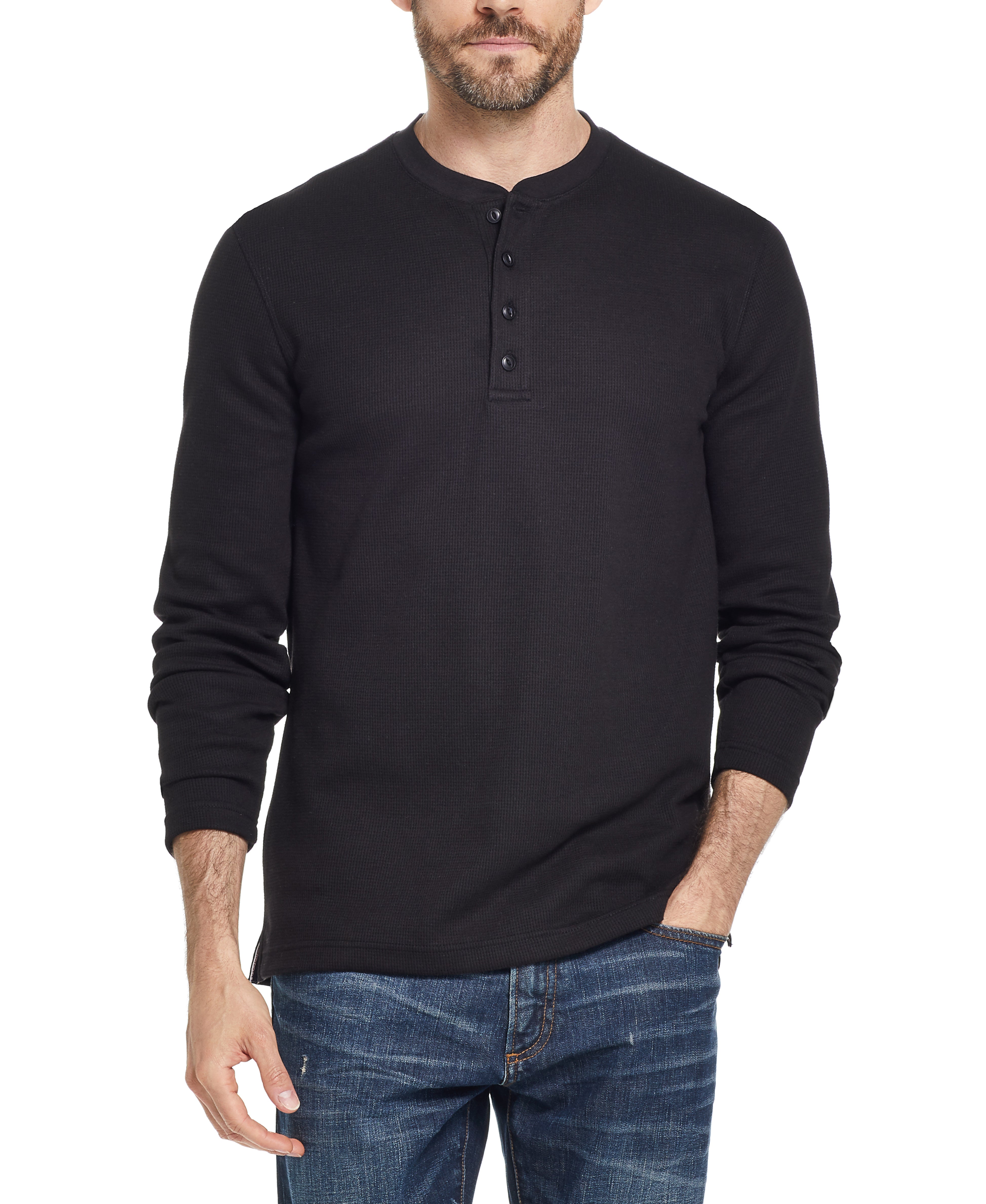 Long Sleeve Waffle Henley in Black