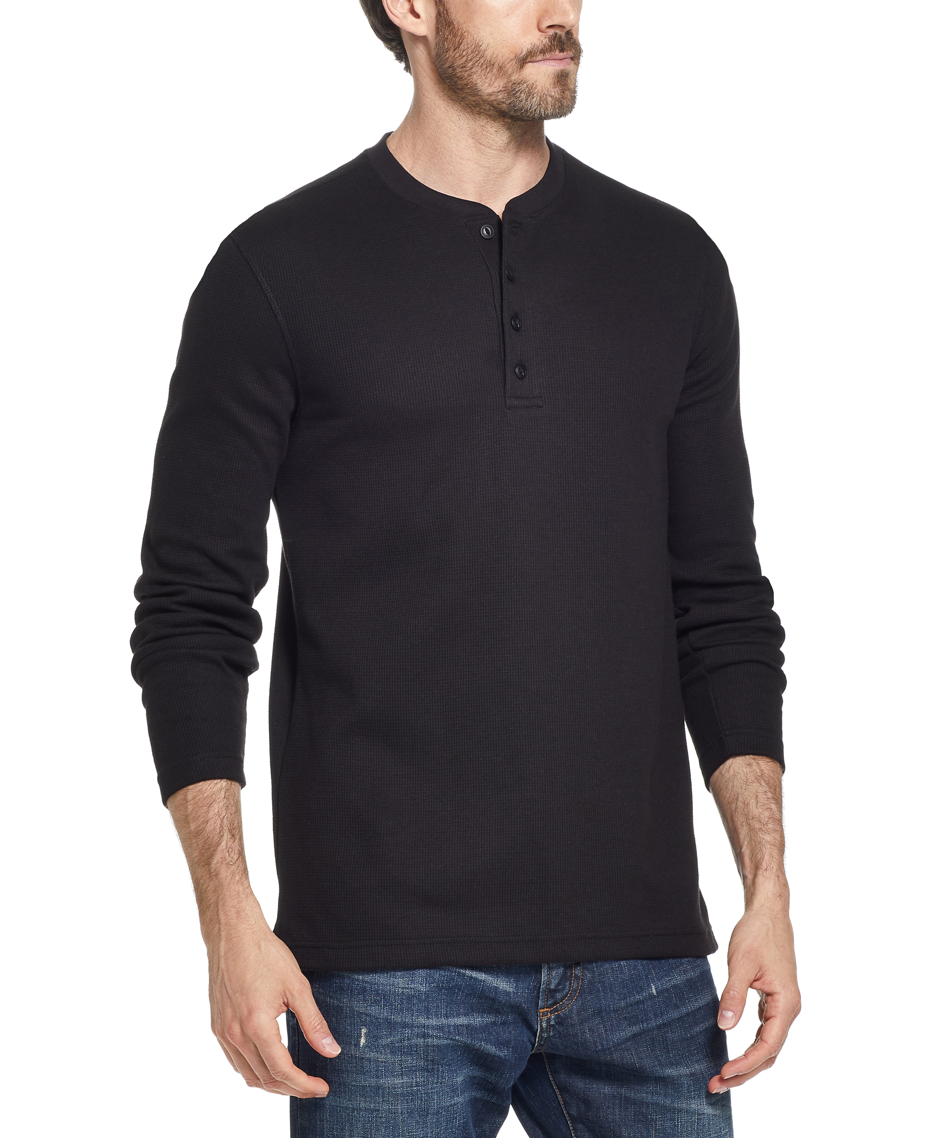 Long Sleeve Waffle Henley in Black