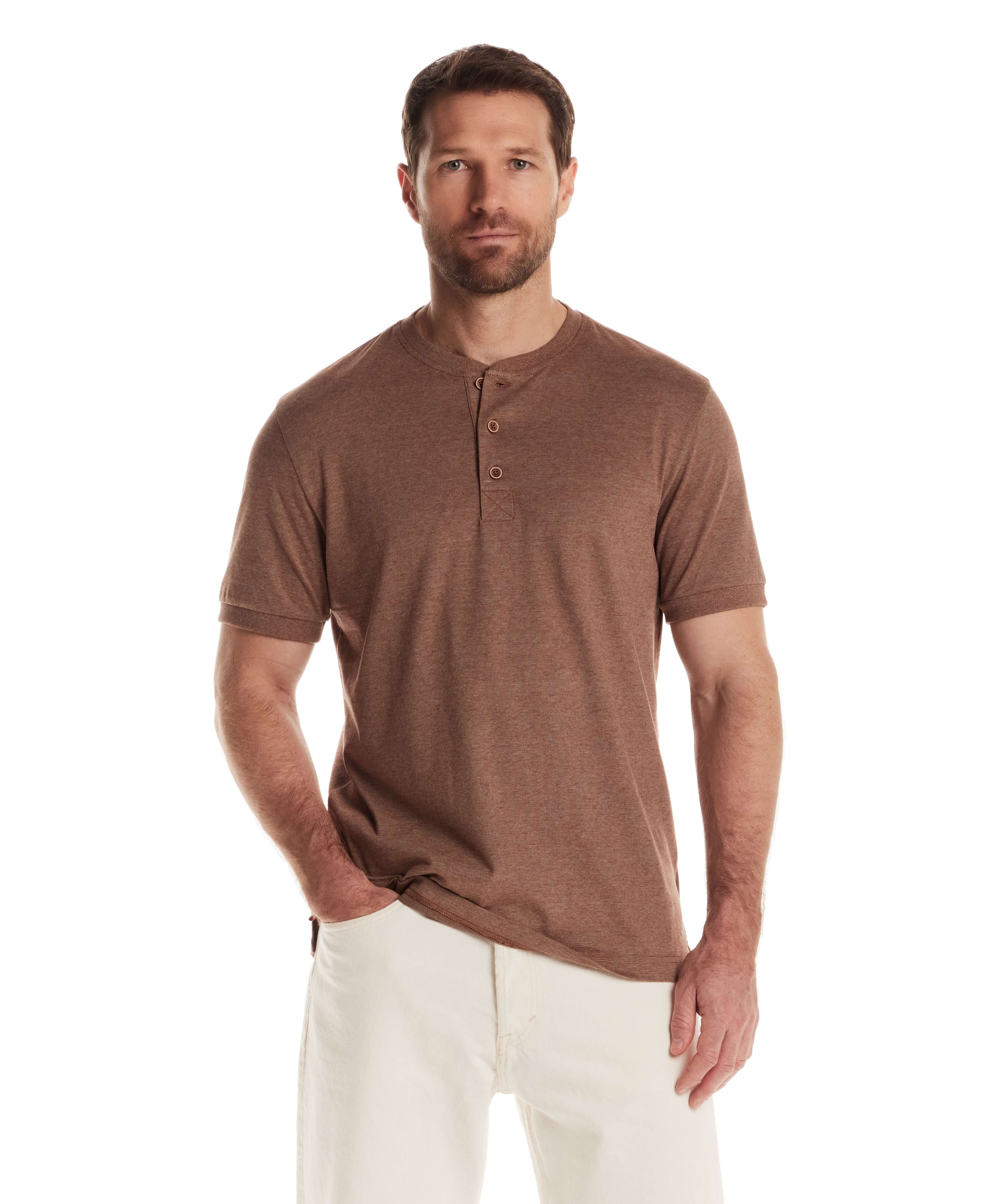 Short Sleeve Microstripe Henley shirt in Cappuccino, featuring a rib collar and three button placket, perfect for layering.
