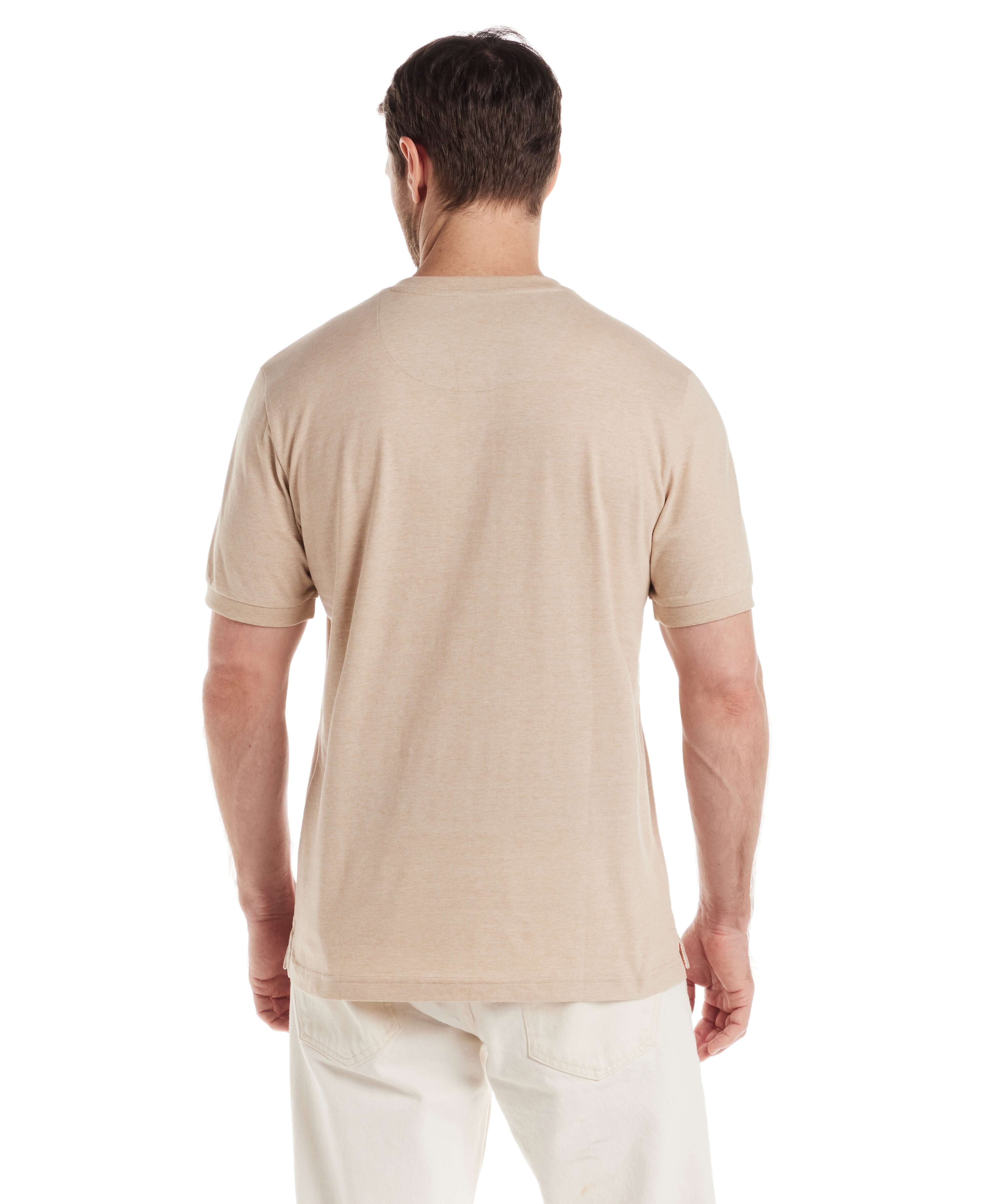 Back view of a man wearing a short sleeve microstripe henley in natural color, showcasing its classic fit and soft fabric.