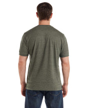 Rear view of a man wearing a Short Sleeve Microstripe Henley in Pine, showcasing the soft microstripe detail.
