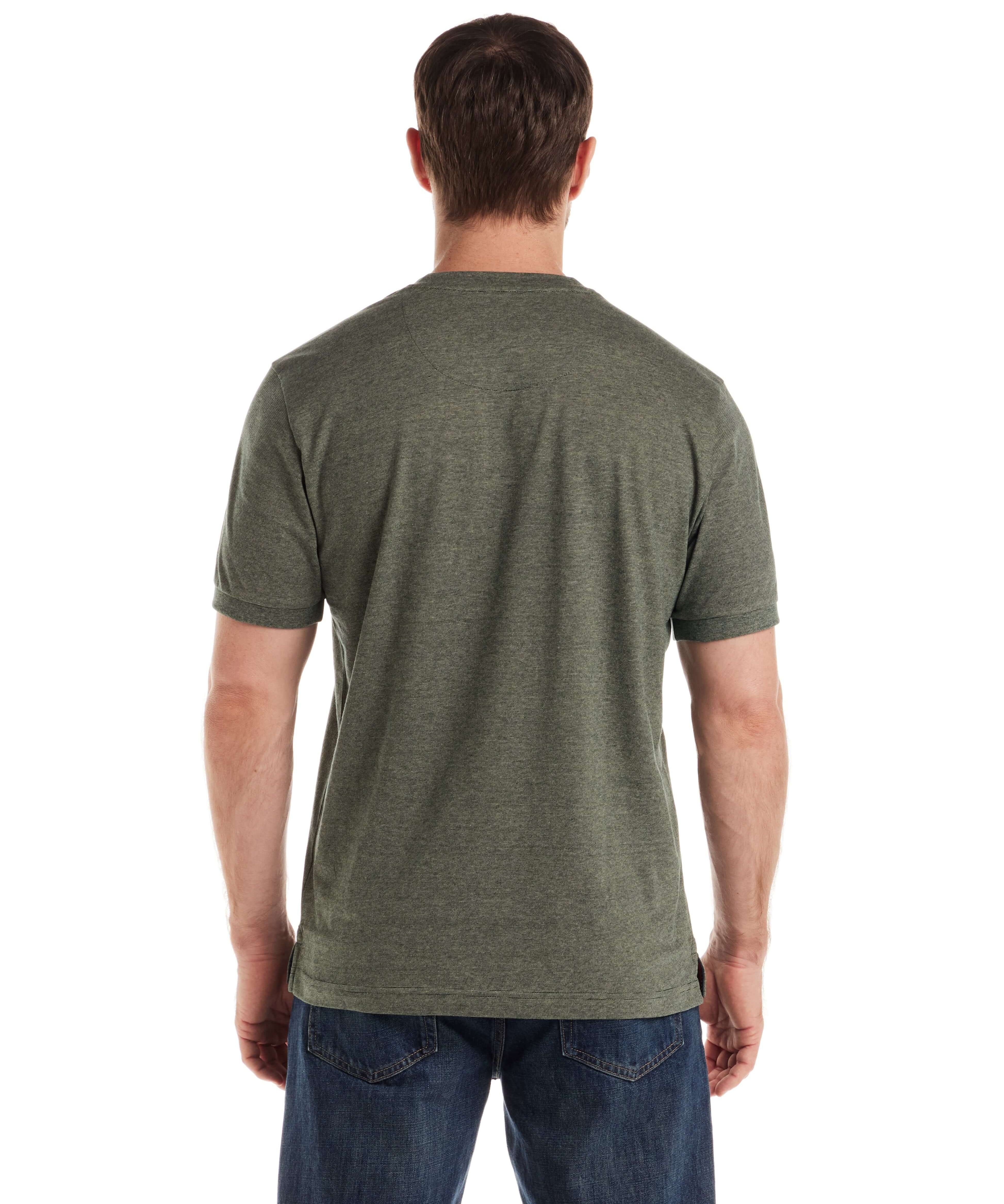 Rear view of a man wearing a Short Sleeve Microstripe Henley in Pine, showcasing the soft microstripe detail.