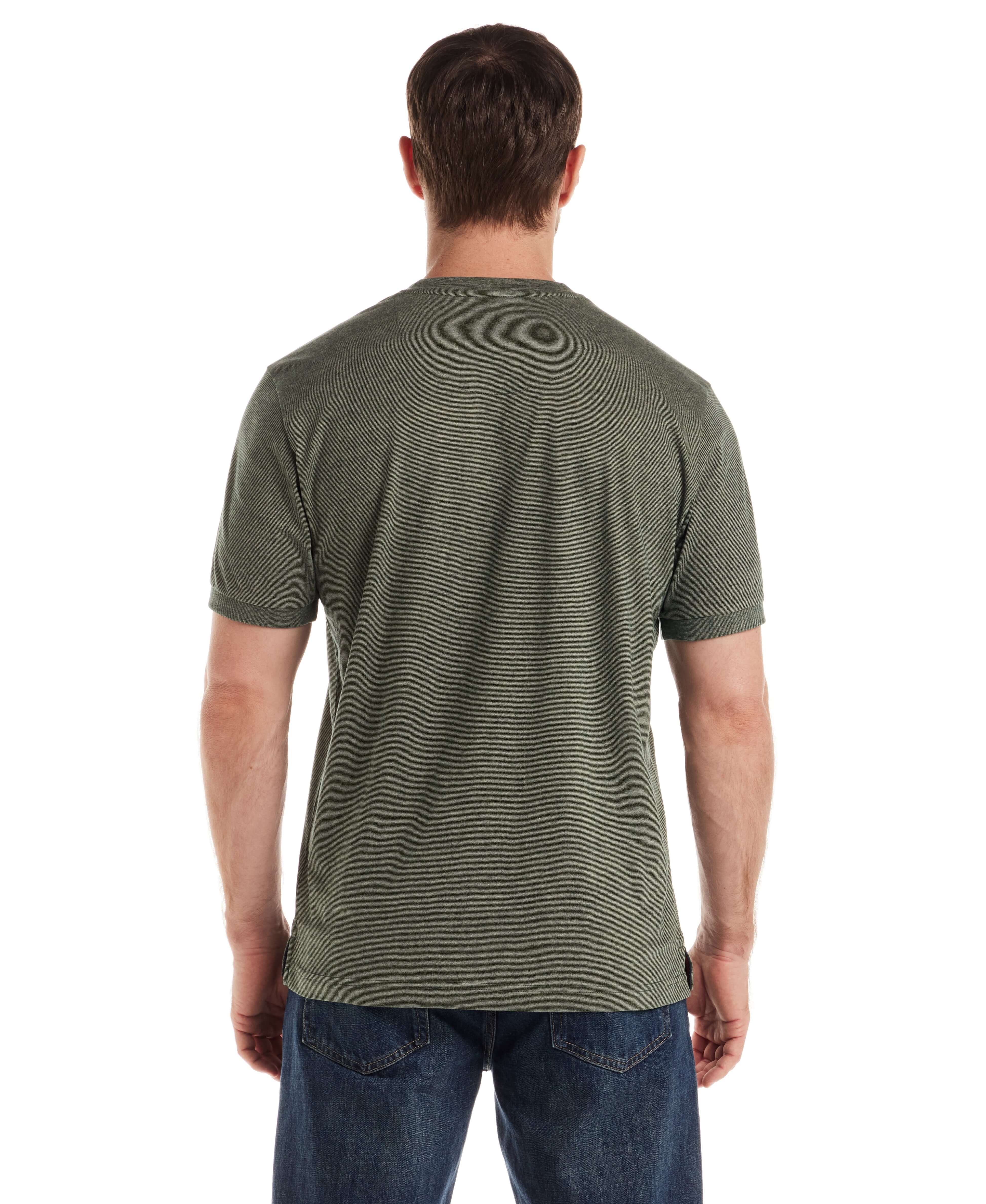 Rear view of a man wearing a Short Sleeve Microstripe Henley in Pine, showcasing the soft microstripe detail.