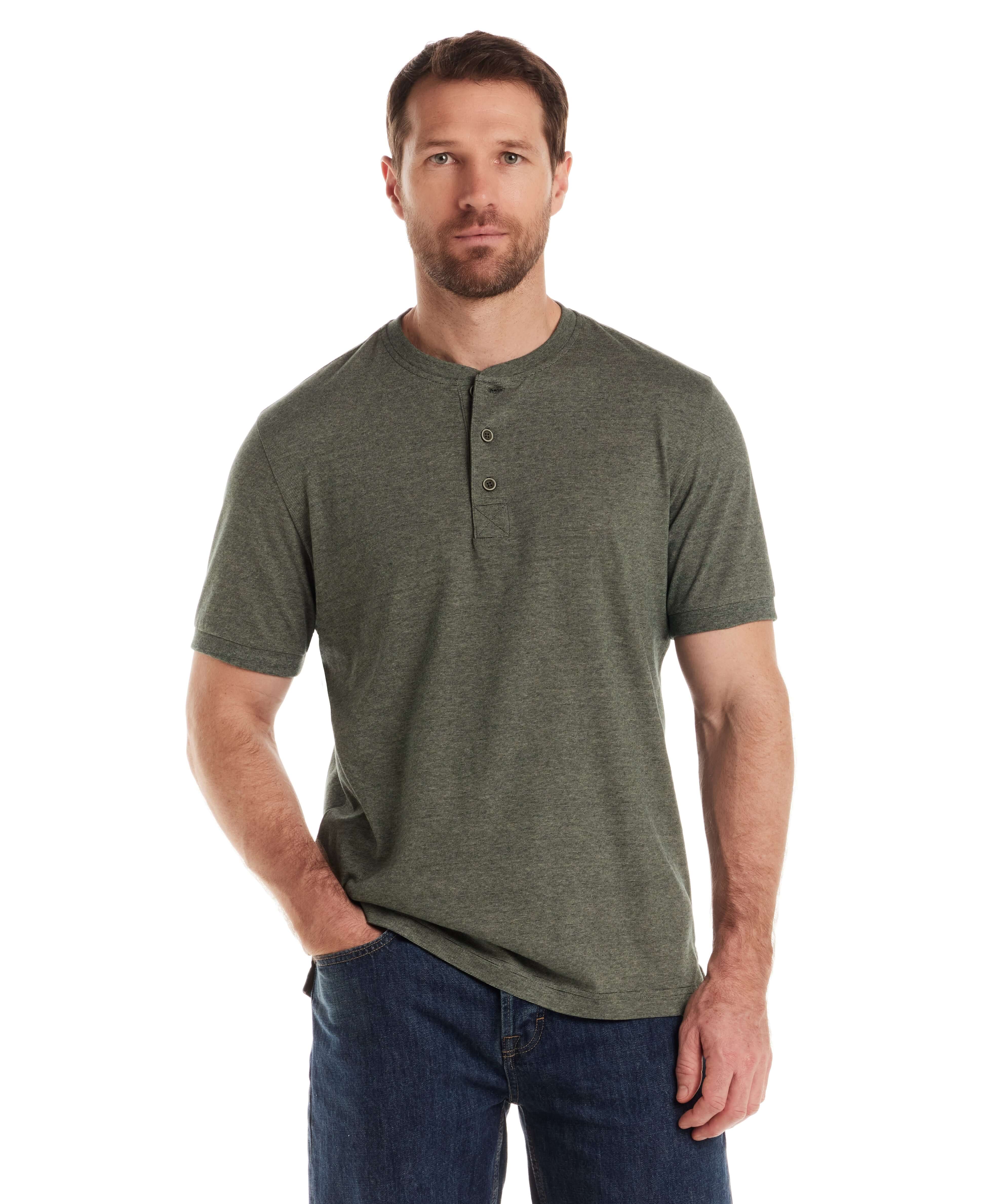 Men's short sleeve microstripe henley in pine, featuring a rib collar and a 3-button placket, ideal for layering.