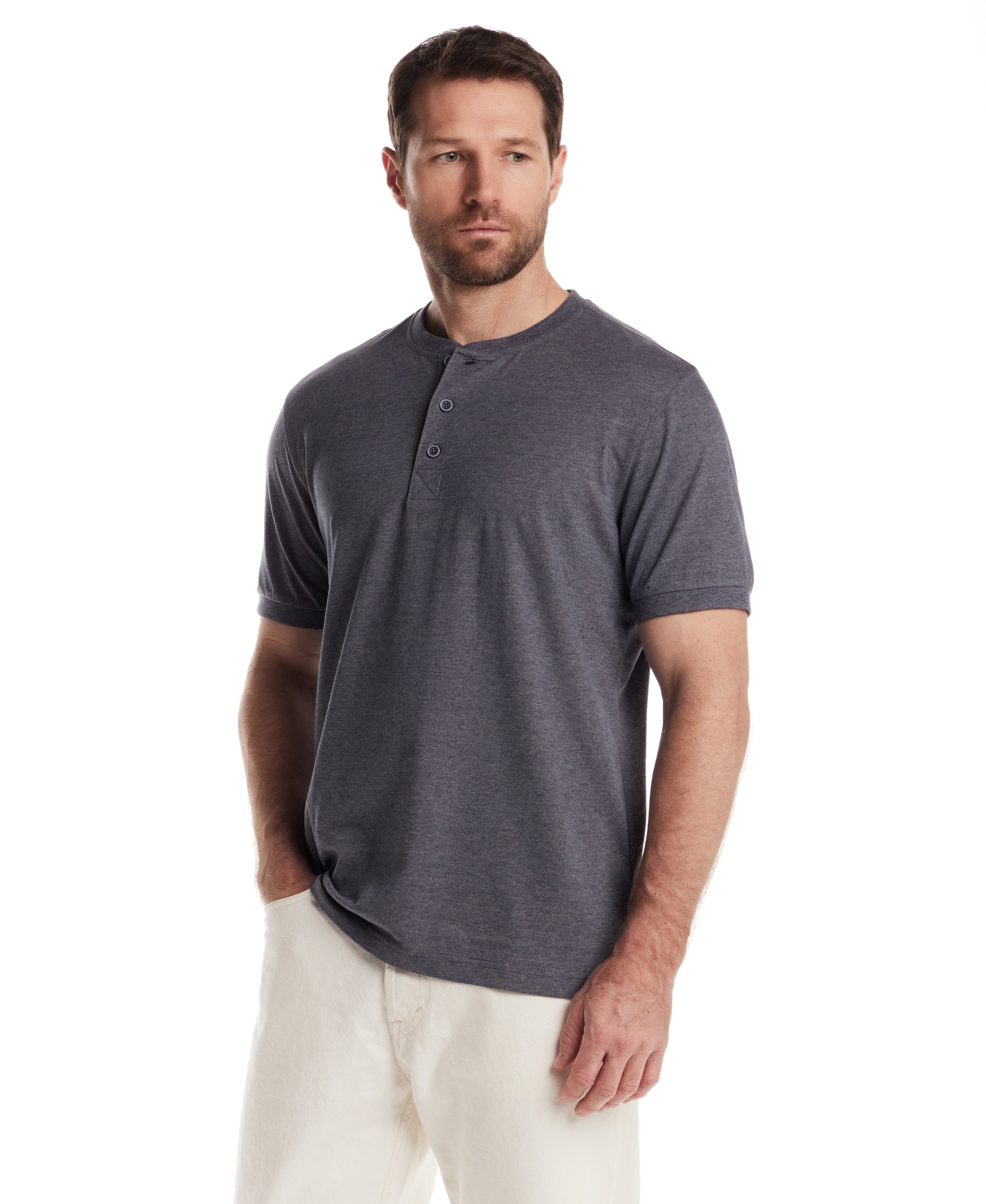 Short Sleeve Microstripe Henley in Insignia Blue