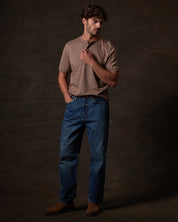 Short Sleeve Microstripe Henley in Cappuccino