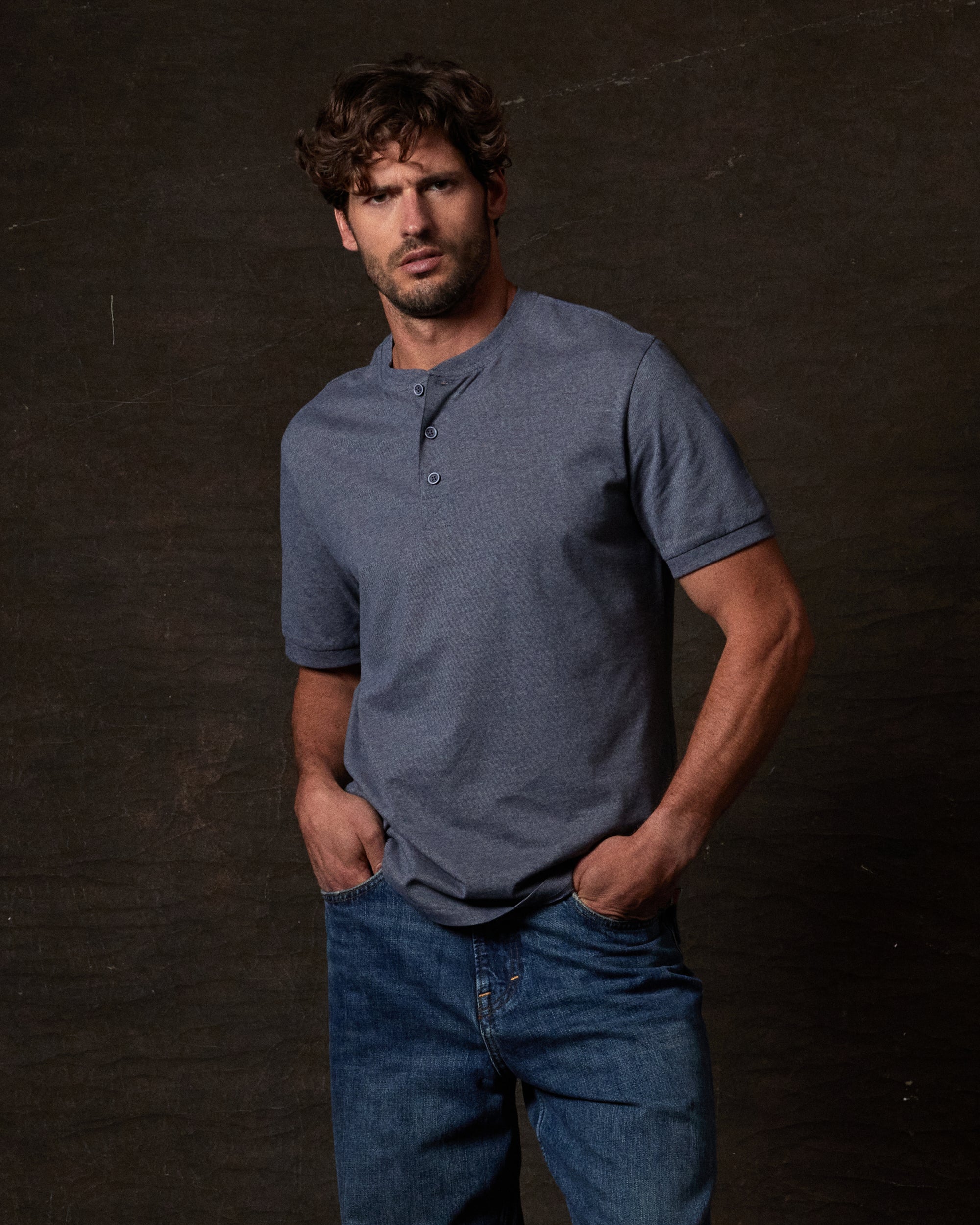 Short Sleeve Microstripe Henley in Insignia Blue