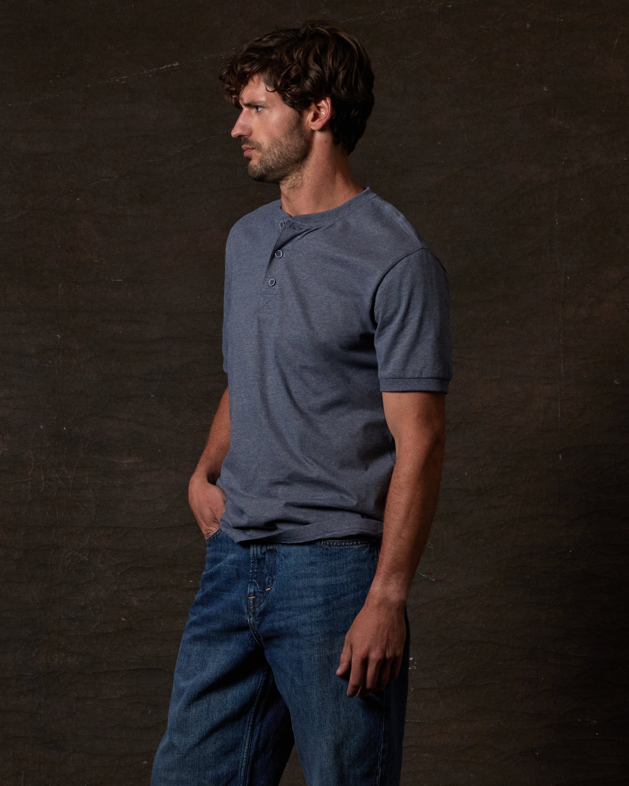 Short Sleeve Microstripe Henley in Insignia Blue