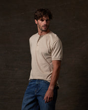 Short Sleeve Microstripe Henley in Natural