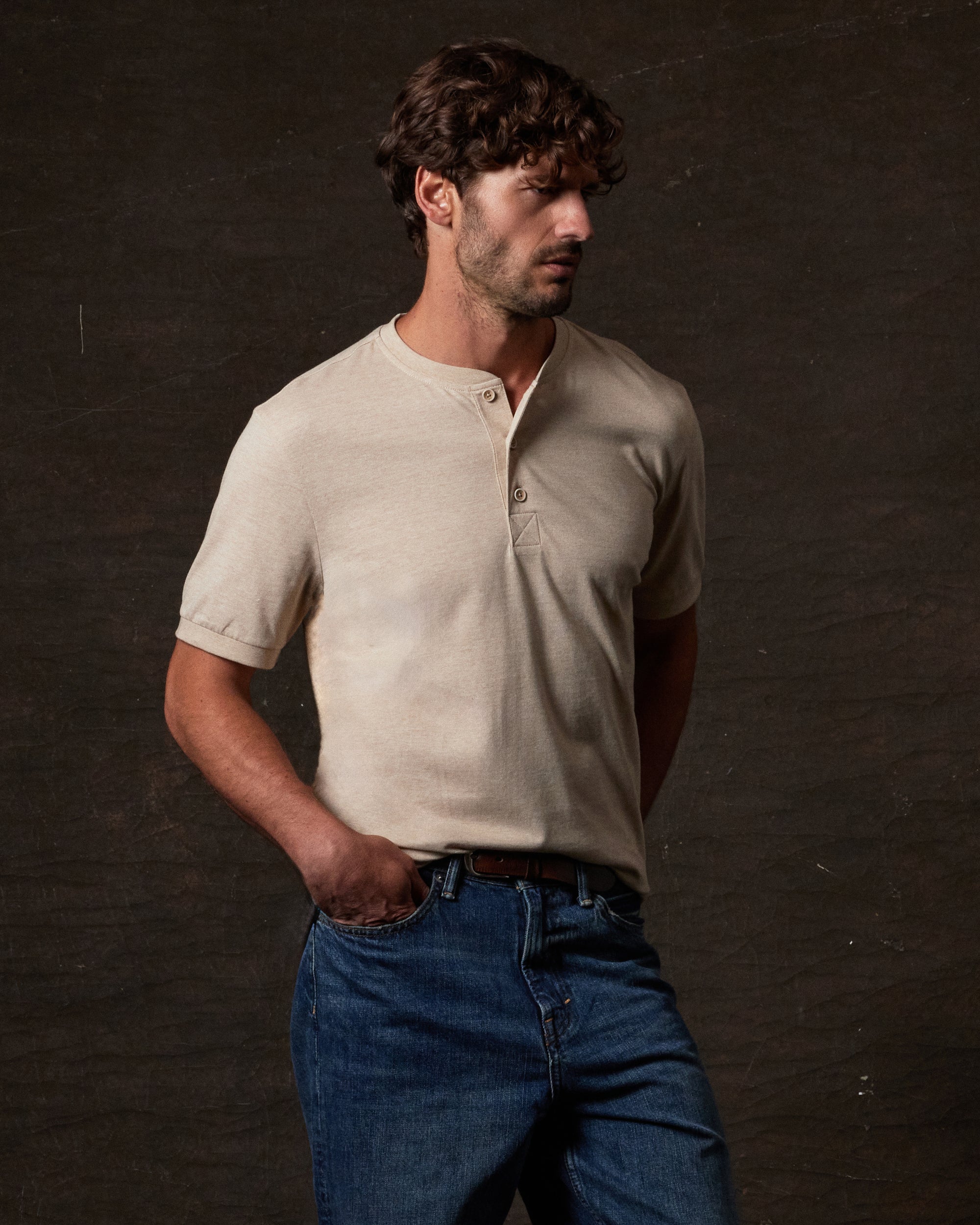 Short Sleeve Microstripe Henley in Natural
