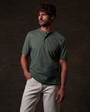 Short Sleeve Microstripe Henley in Pine