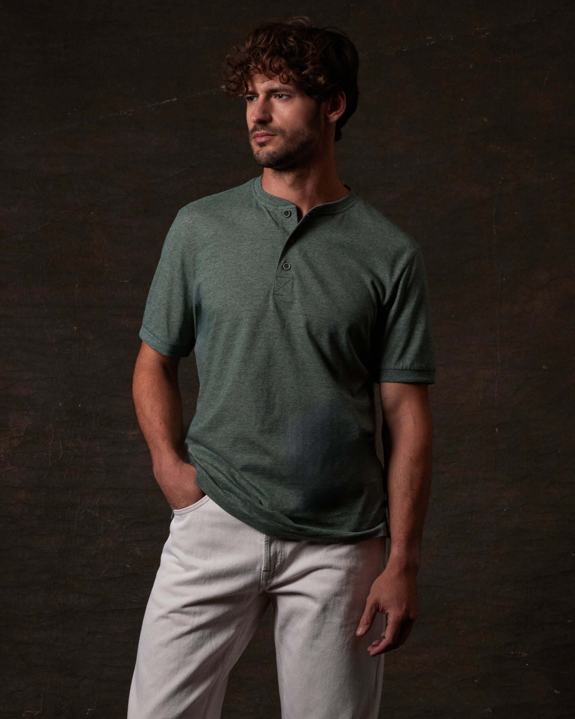Short Sleeve Microstripe Henley in Pine