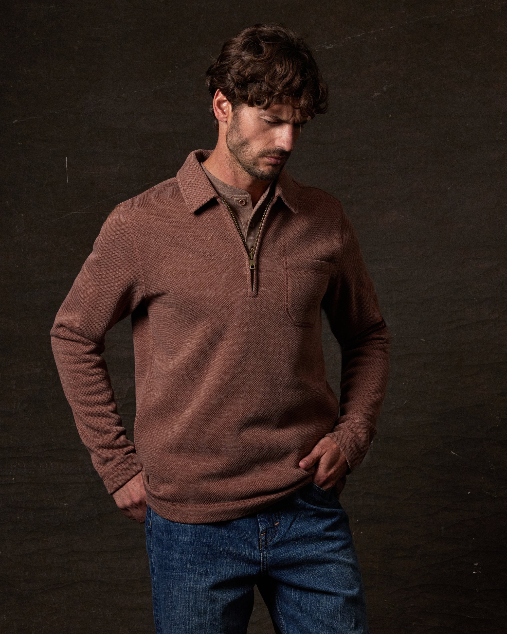 Pebble Fleece Quarter Zip in Cappuccino