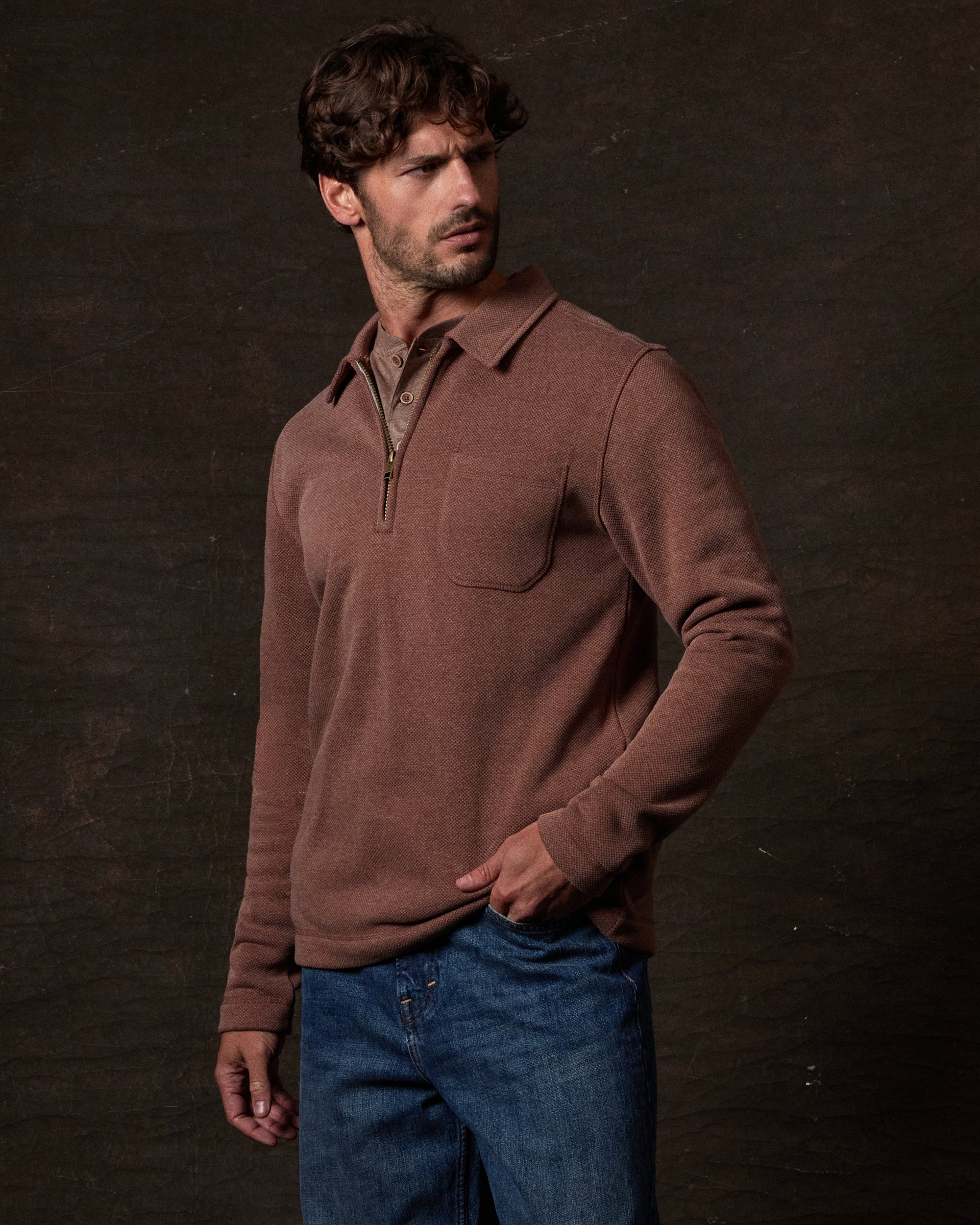 Pebble Fleece Quarter Zip in Cappuccino