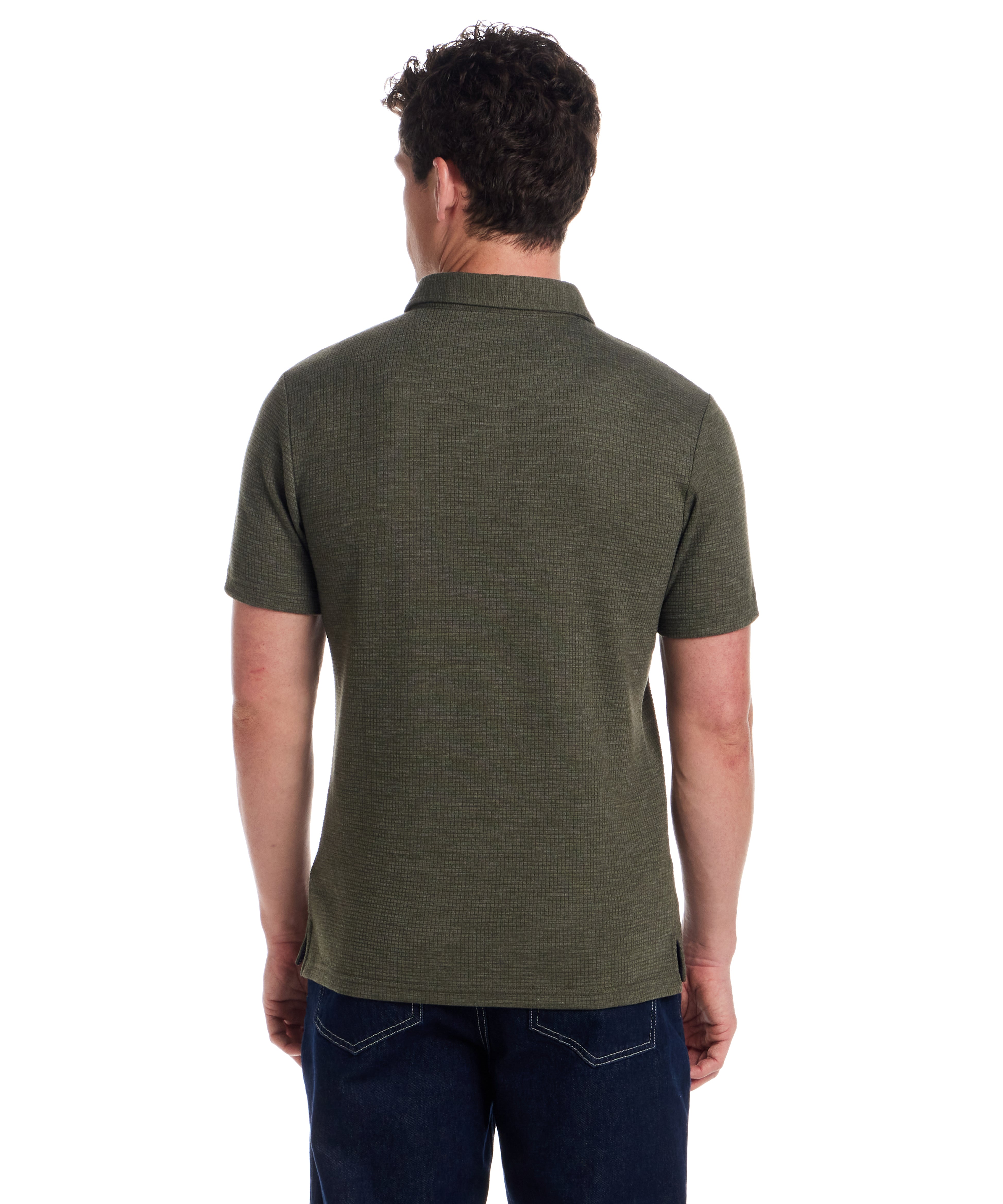 Back view of a man wearing a short sleeve stretch waffle polo in Kambaba Olive, showcasing its classic fit and clean design.