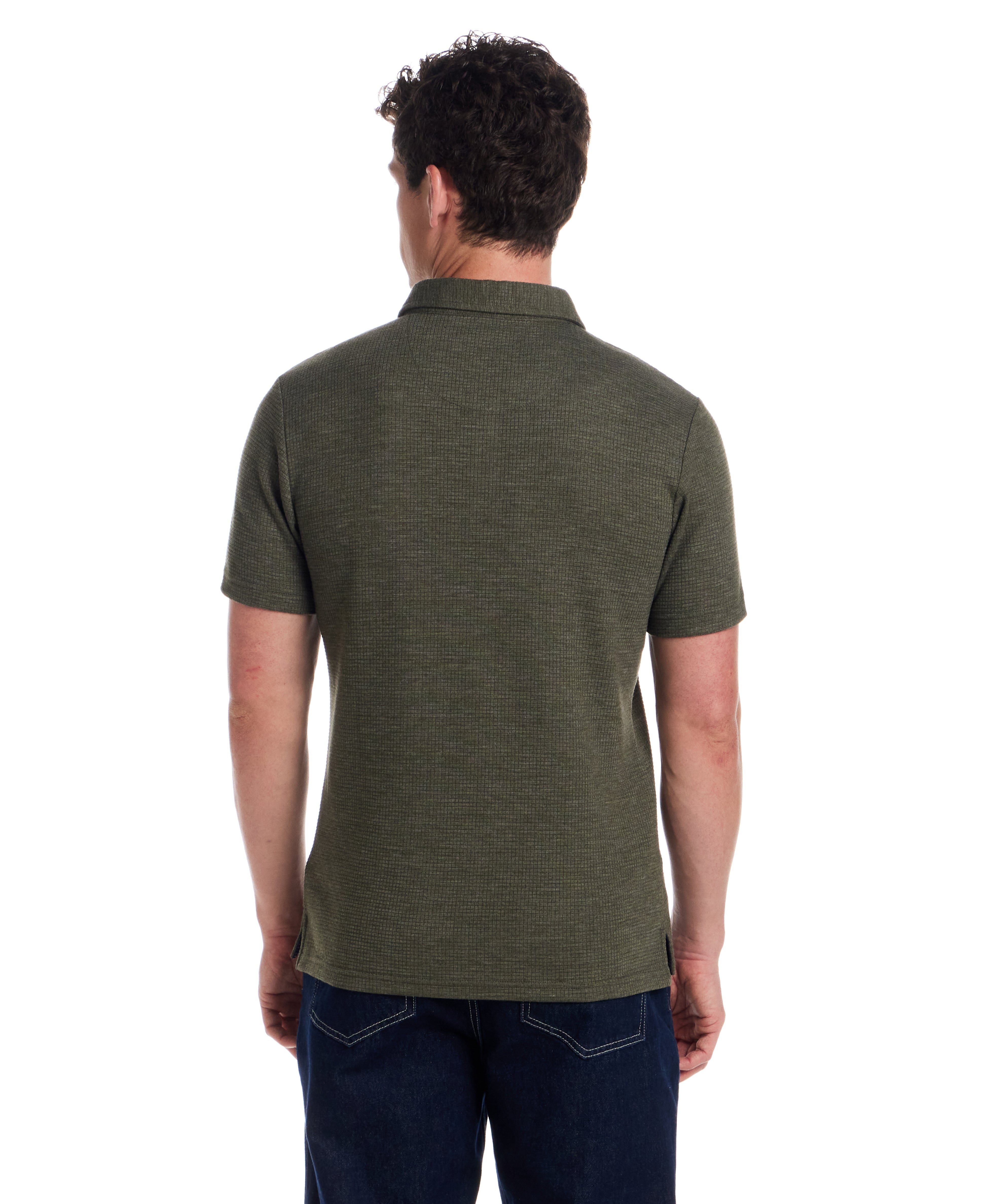 Back view of a man wearing a short sleeve stretch waffle polo in Kambaba Olive, showcasing its classic fit and clean design.