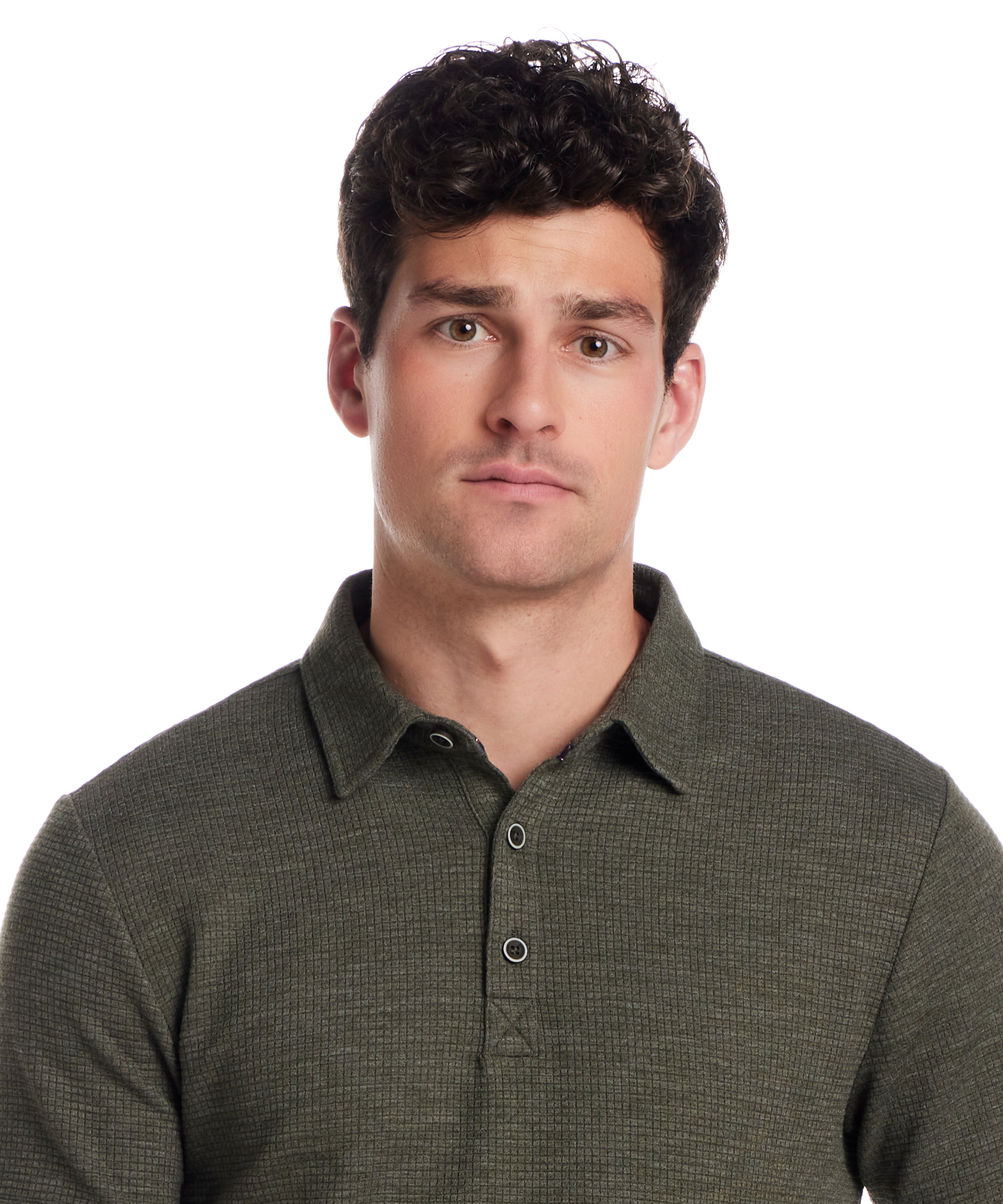 Man in Kambaba Olive Short Sleeve Stretch Waffle Polo with three-button placket and classic collar.