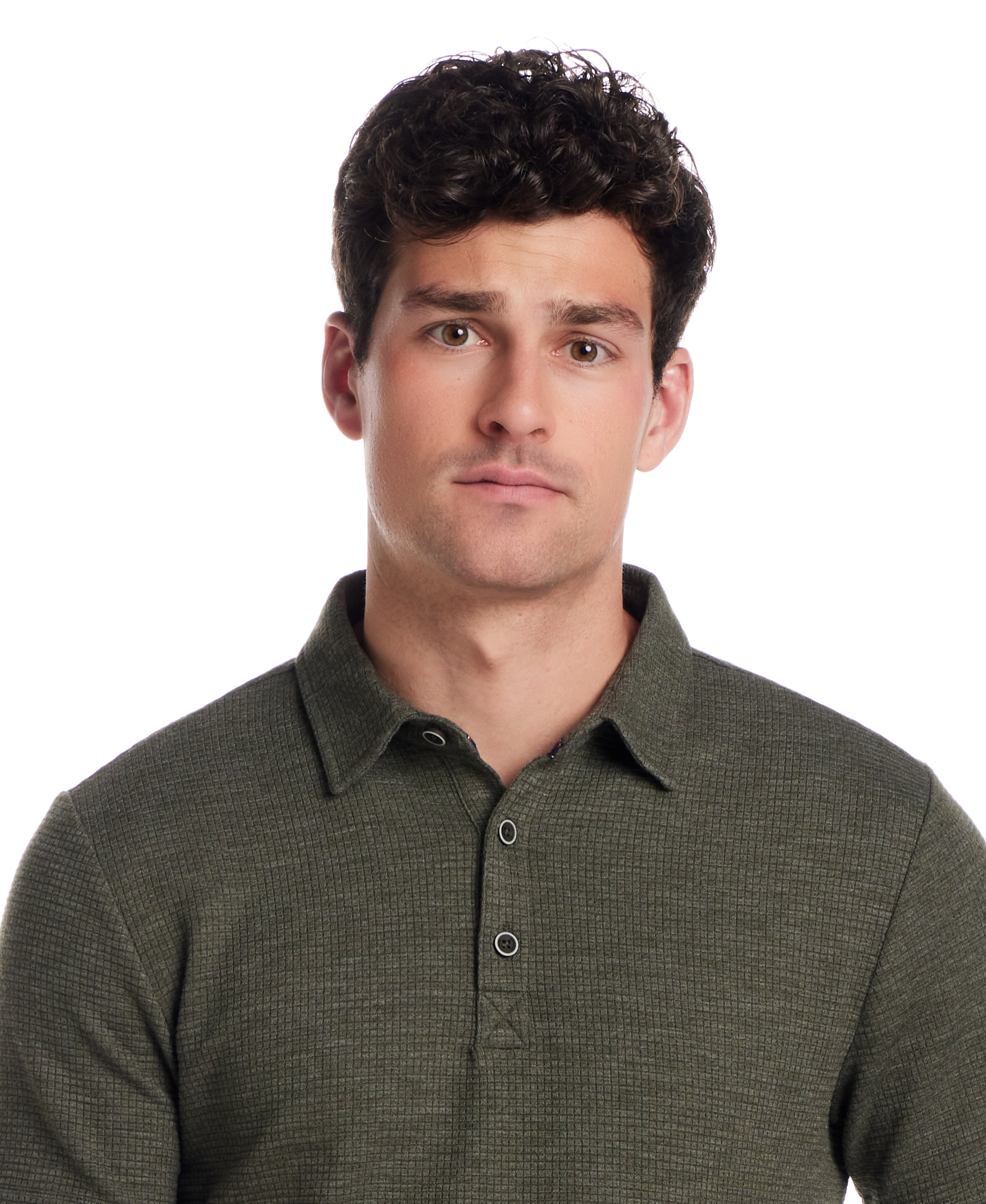 Man in Kambaba Olive Short Sleeve Stretch Waffle Polo with three-button placket and classic collar.