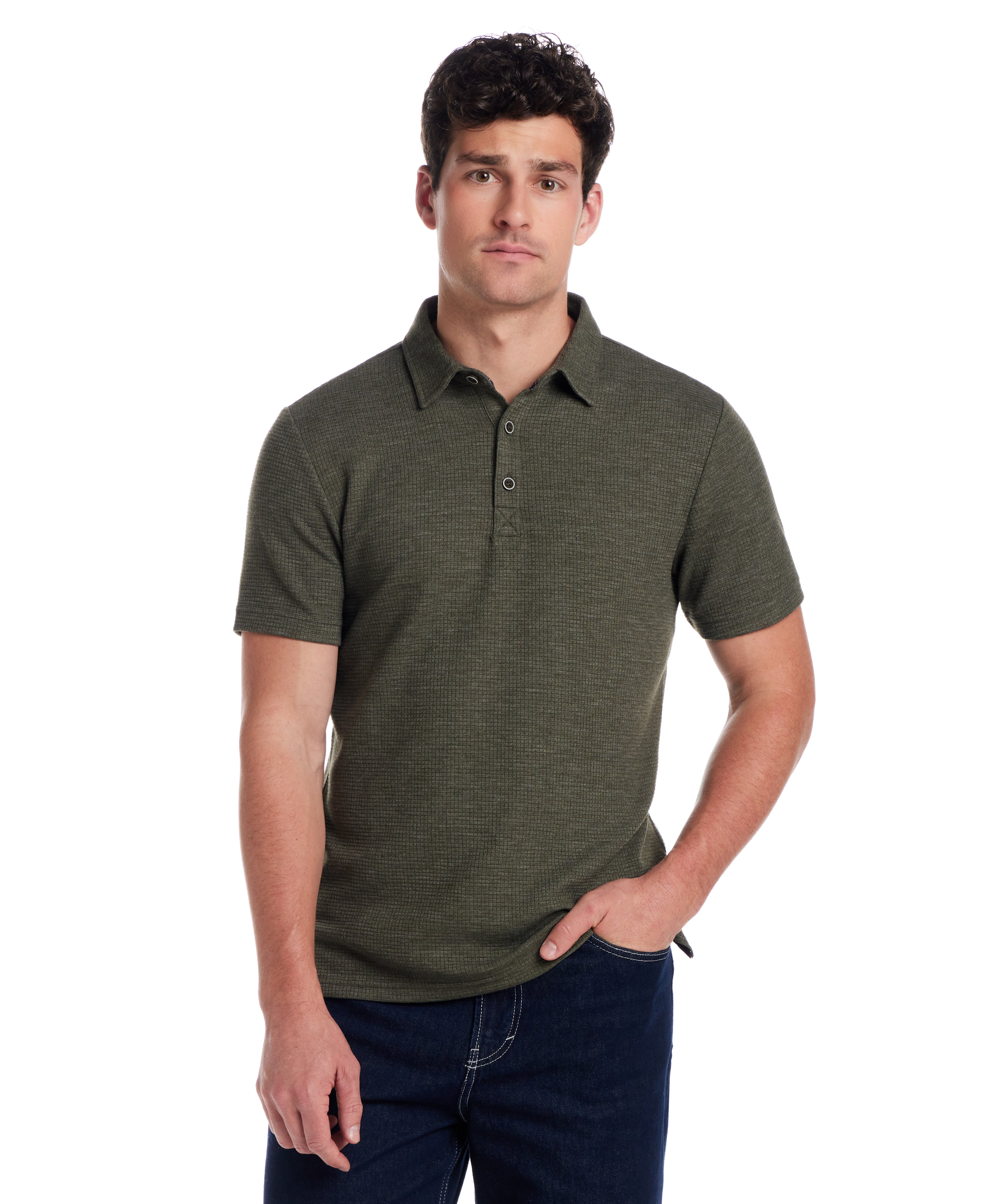 Short Sleeve Stretch Waffle Polo in Kambaba Olive, featuring a classic fit and three-button placket, perfect for casual wear.