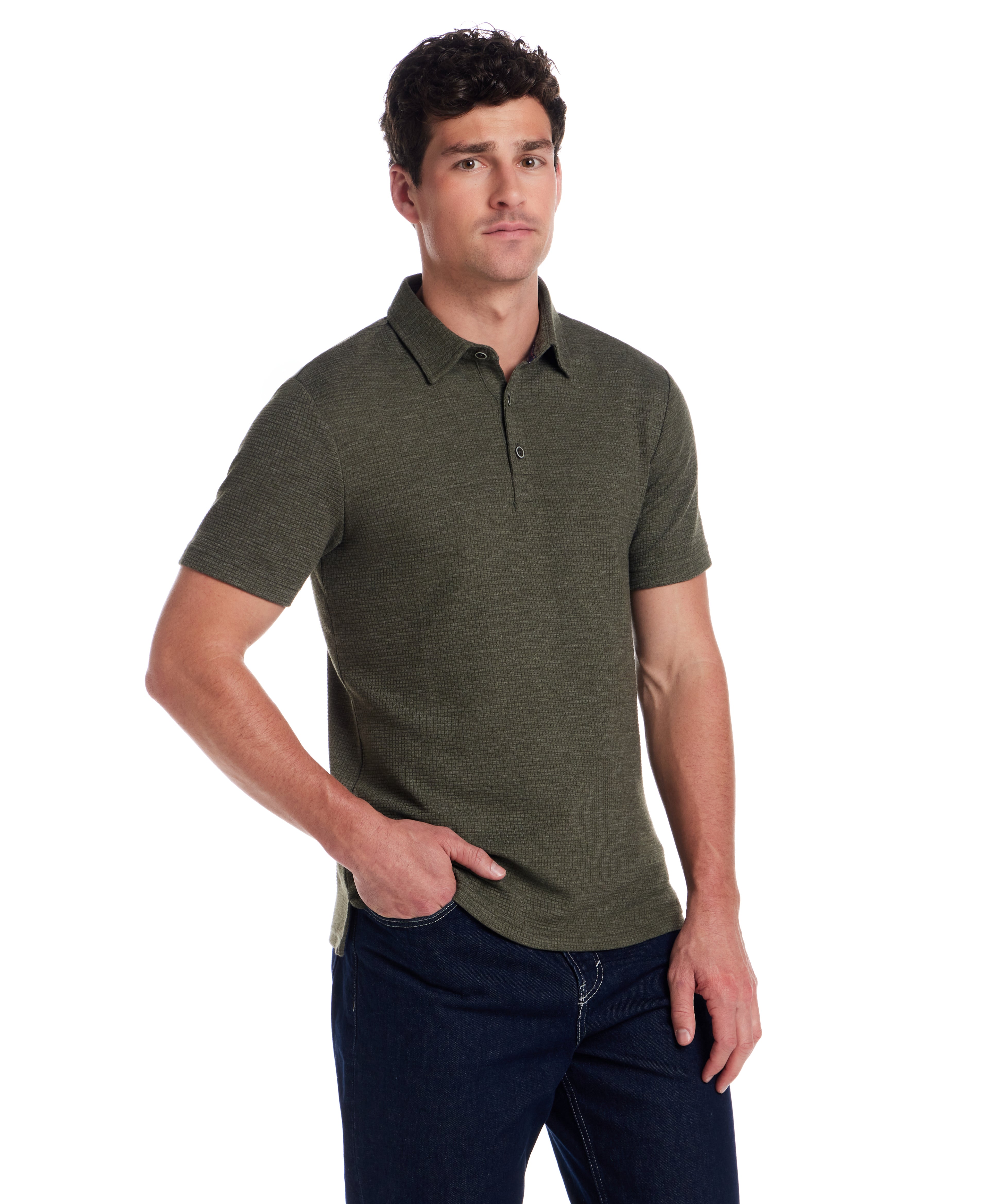 Short sleeve stretch waffle polo in Kambaba Olive, showcasing a classic fit and relaxed style for casual wear.