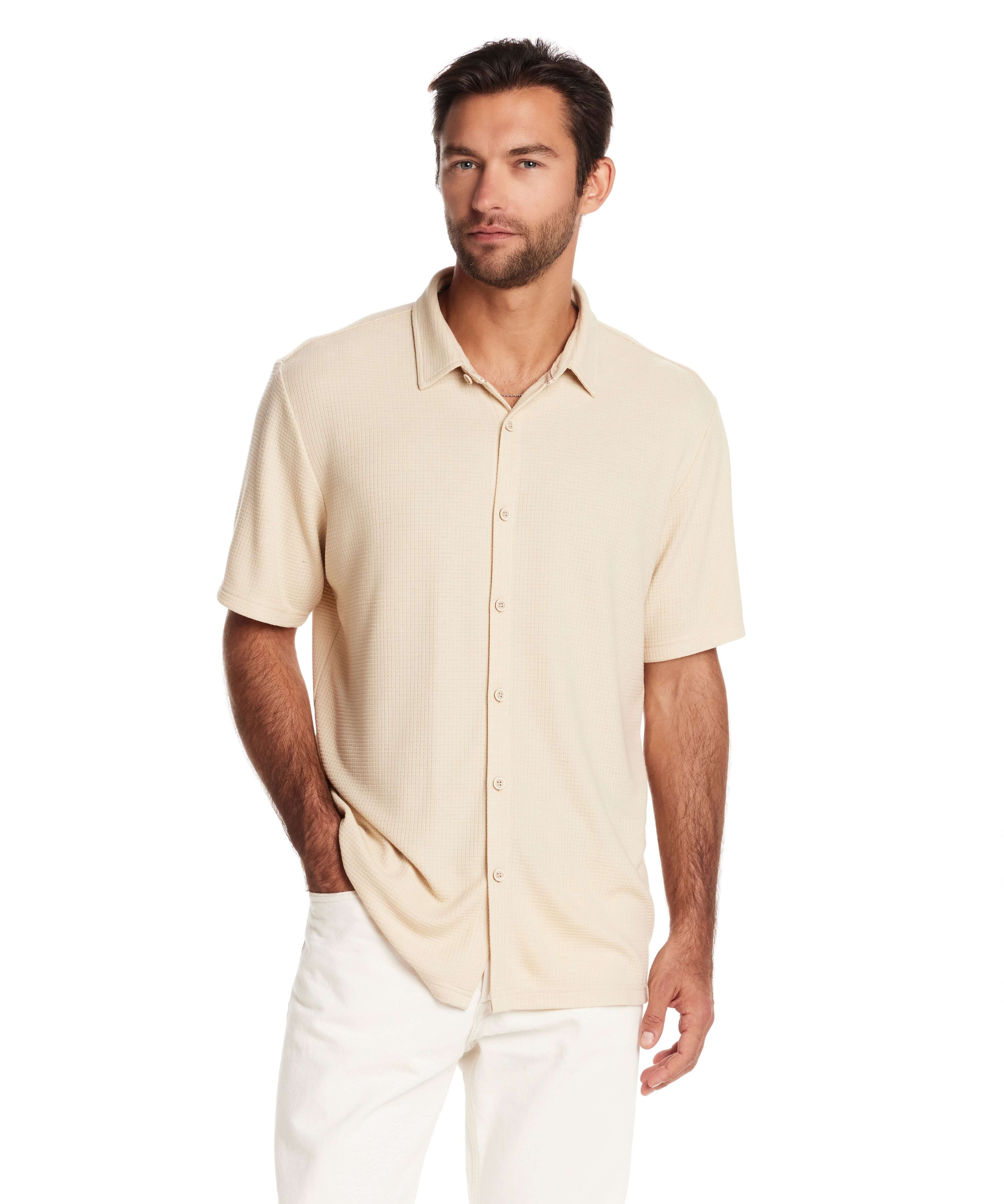 Short sleeve waffle coat front tee in natural, featuring a relaxed fit and button front, perfect for casual outfits.
