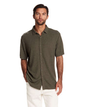 Short sleeve olive heather waffle coat front tee for men, featuring a relaxed fit and button front detail.