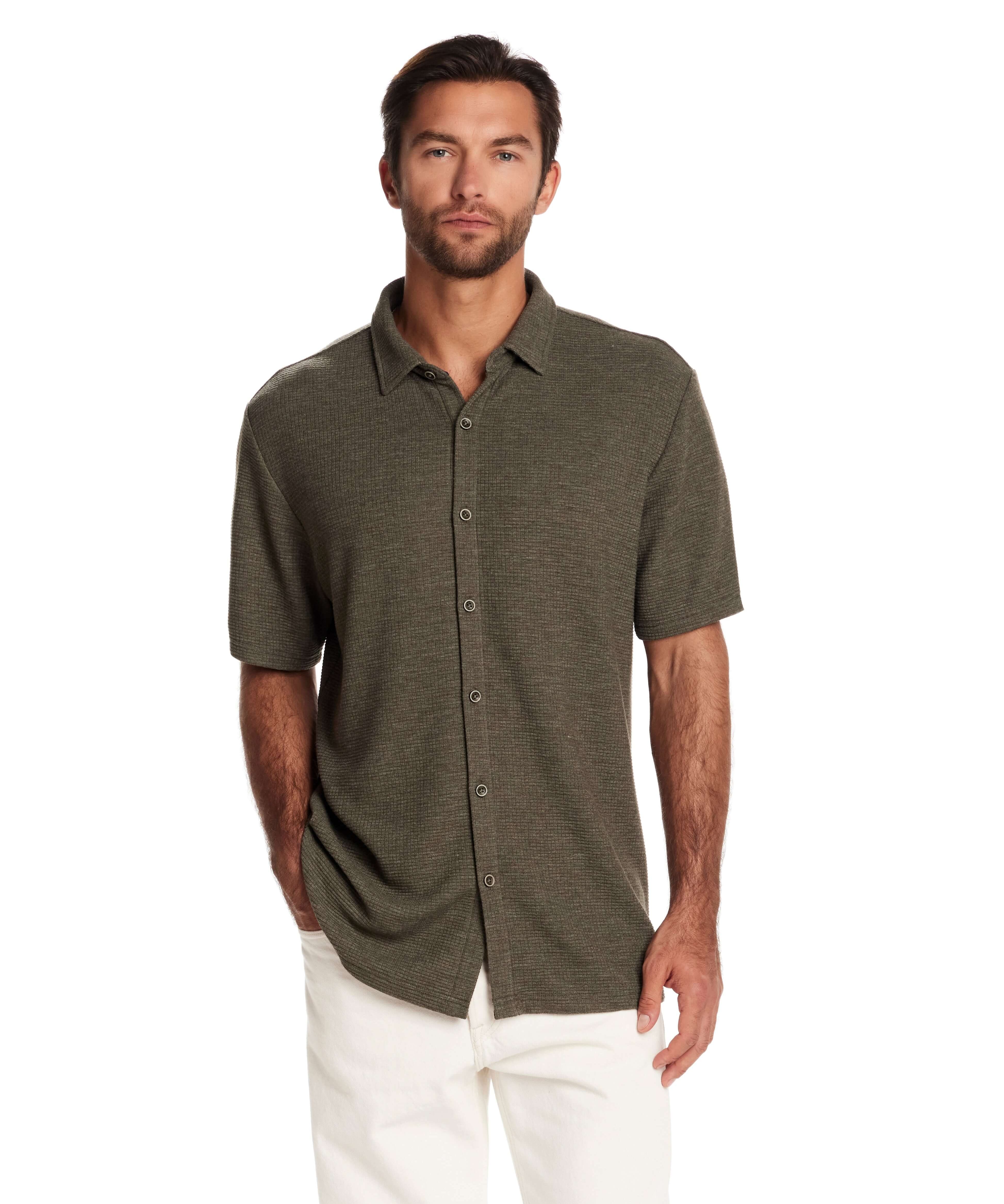 Short sleeve olive heather waffle coat front tee for men, featuring a relaxed fit and button front detail.
