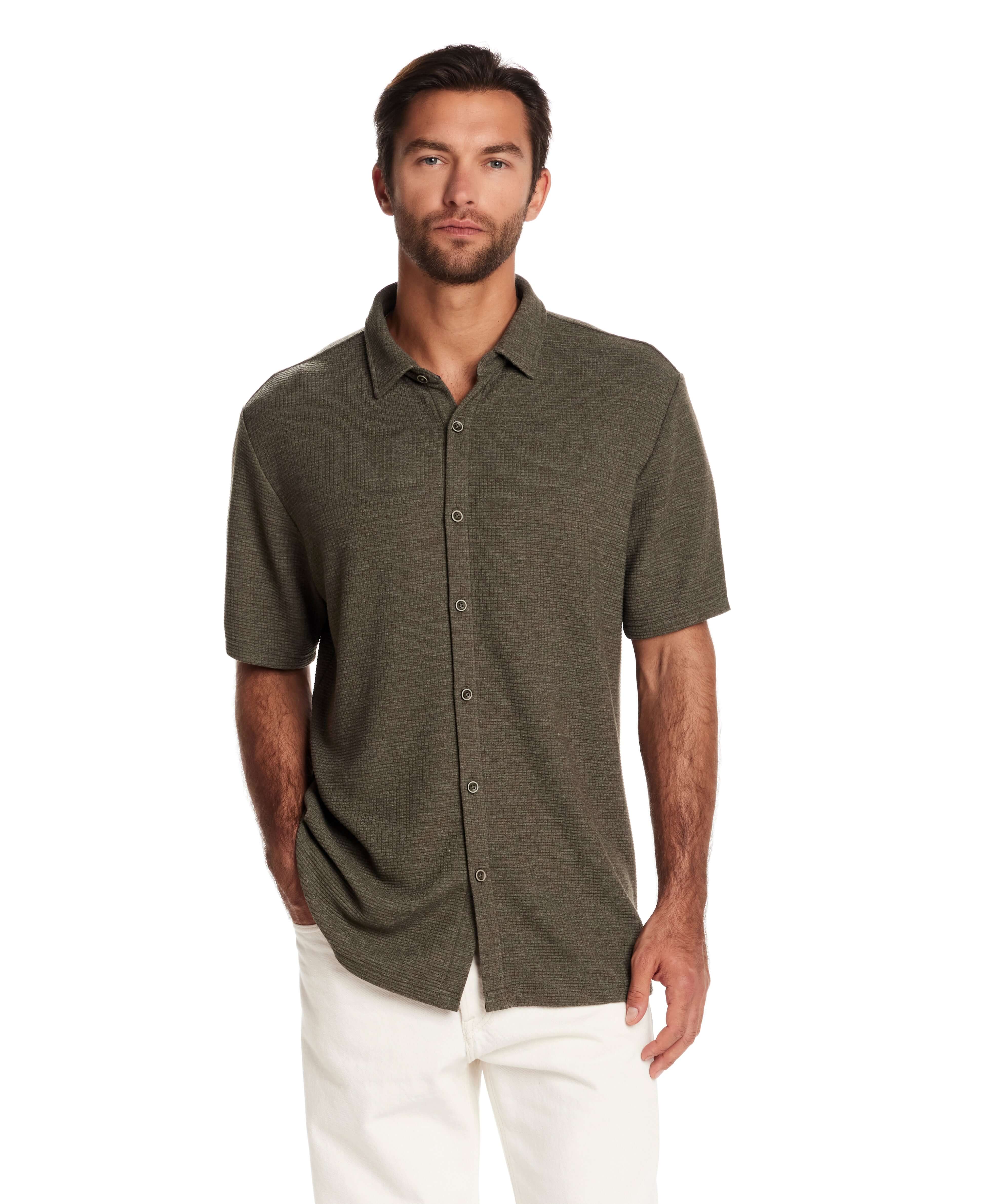Short sleeve olive heather waffle coat front tee for men, featuring a relaxed fit and button front detail.