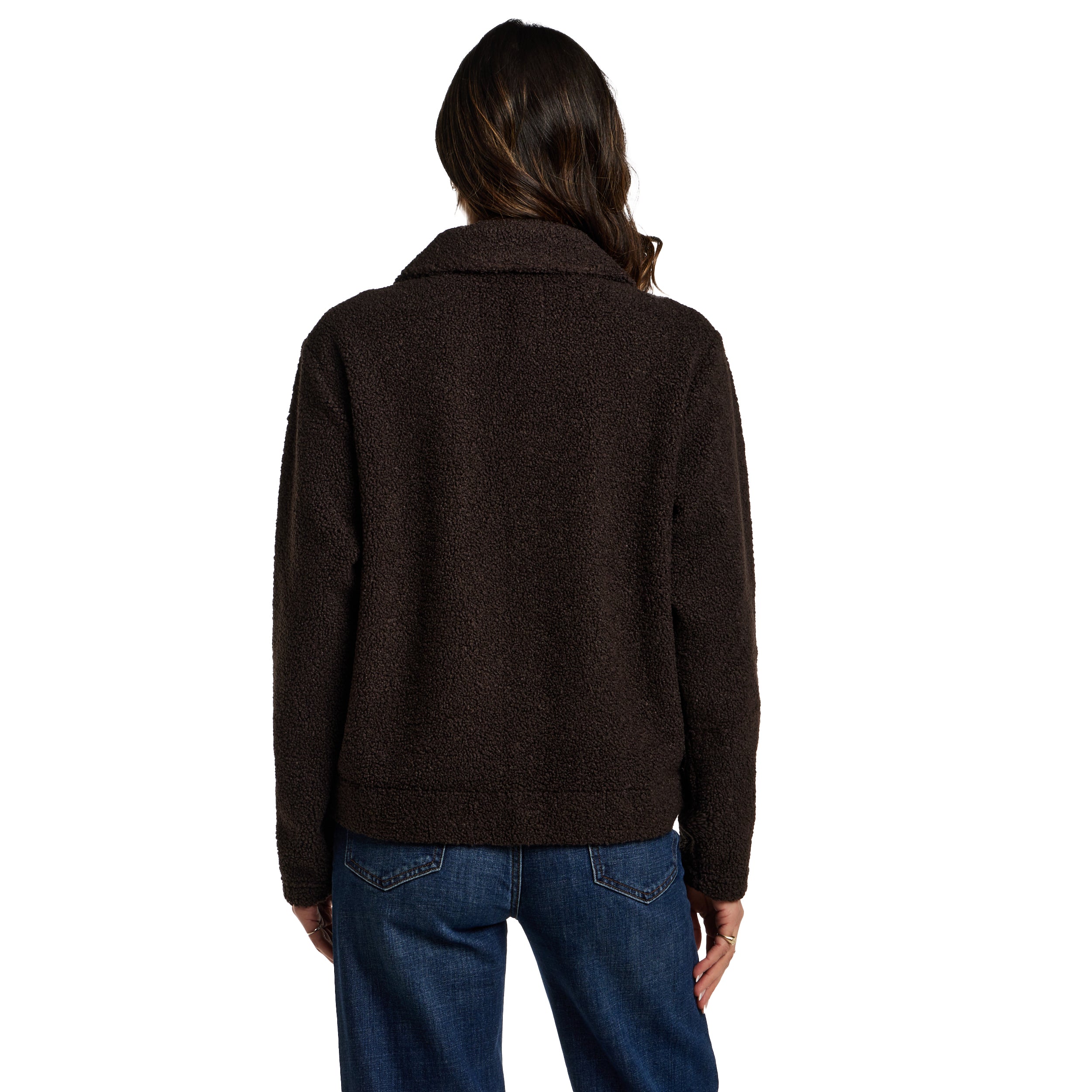 Back view of Women's Teddy Fleece Jacket in Chocolate showcasing the soft sherpa texture and relaxed fit.