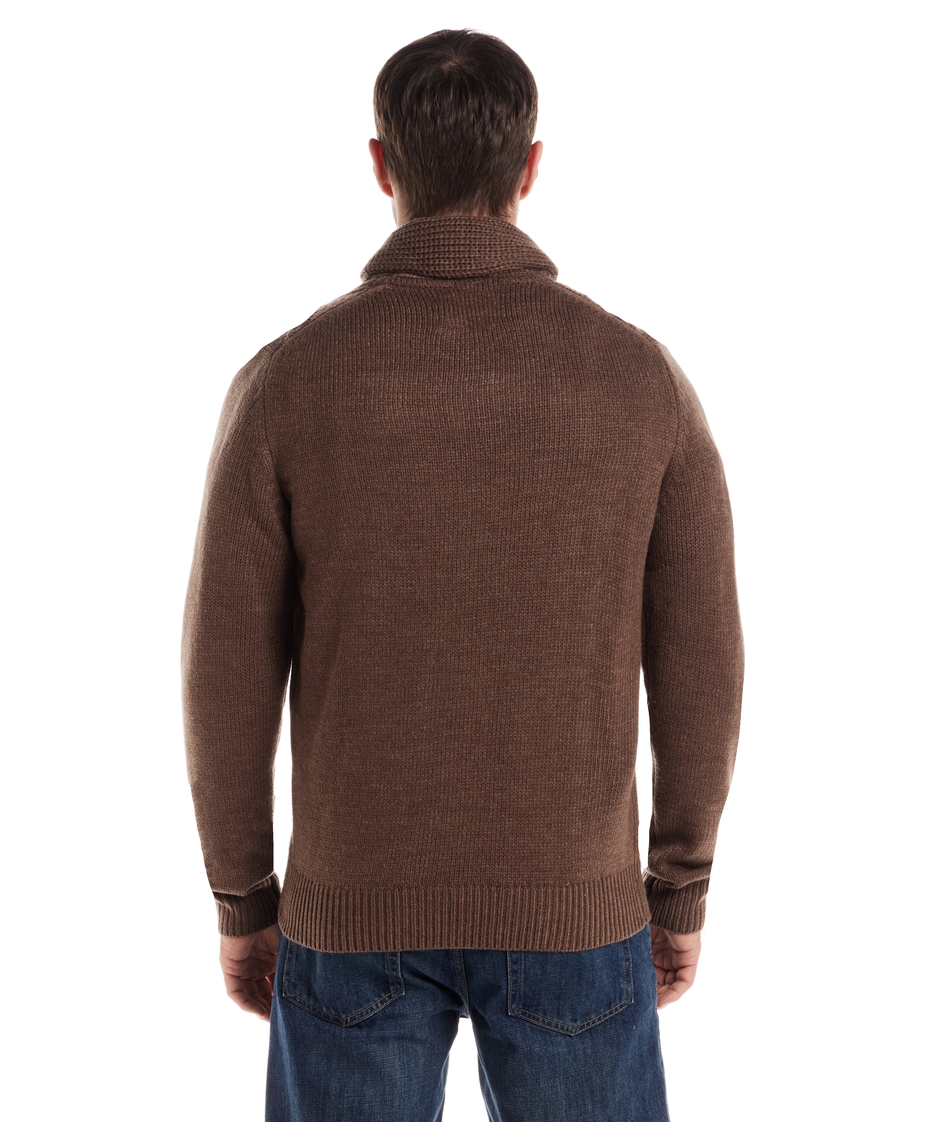 Man wearing a Fisherman Shawl Collar Aran Cable Pullover in Flagstone, showcasing the back view and relaxed fit.