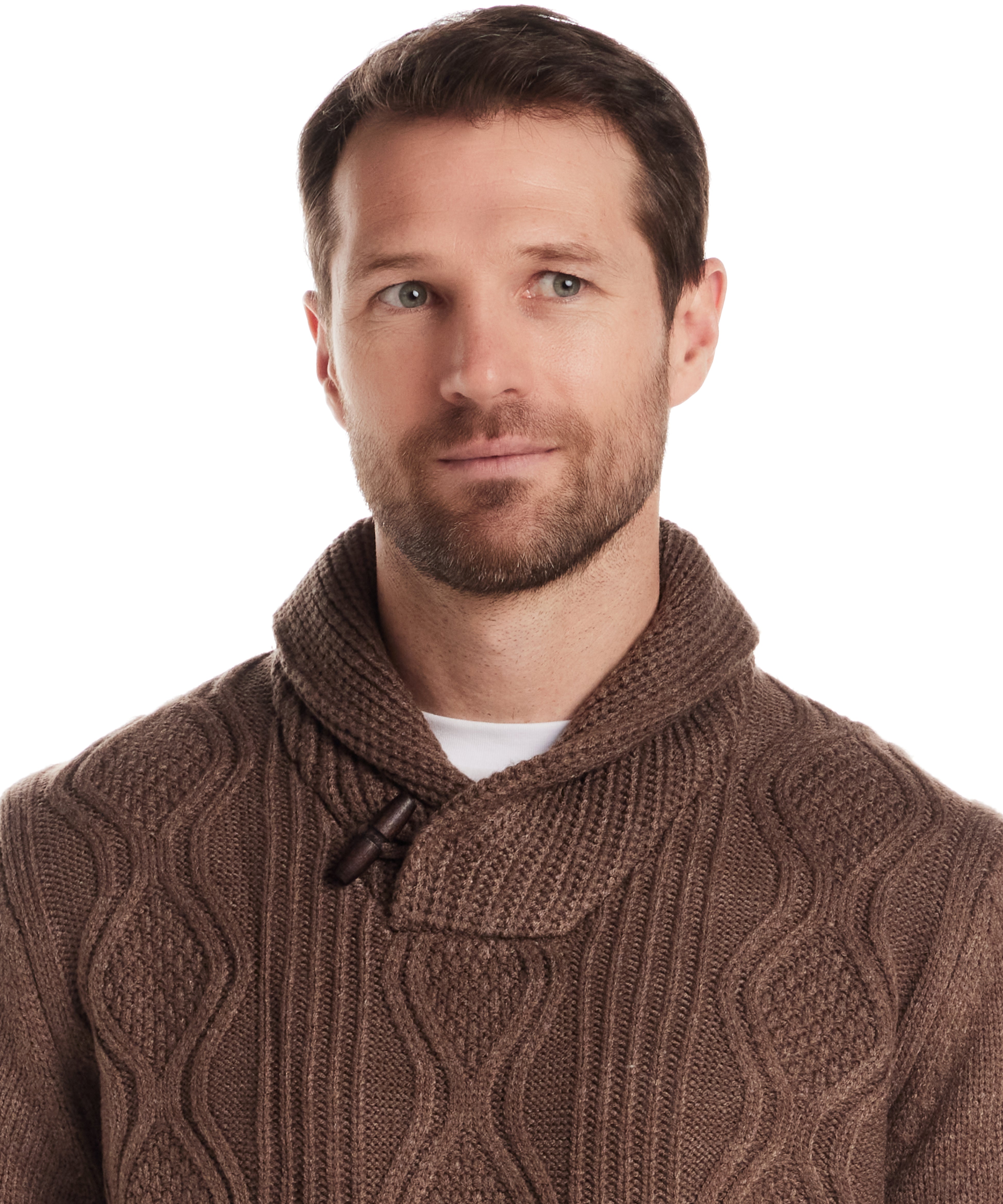 Man wearing a Fisherman Shawl Collar Aran Cable Pullover in Flagstone, featuring a relaxed silhouette and toggle detail.