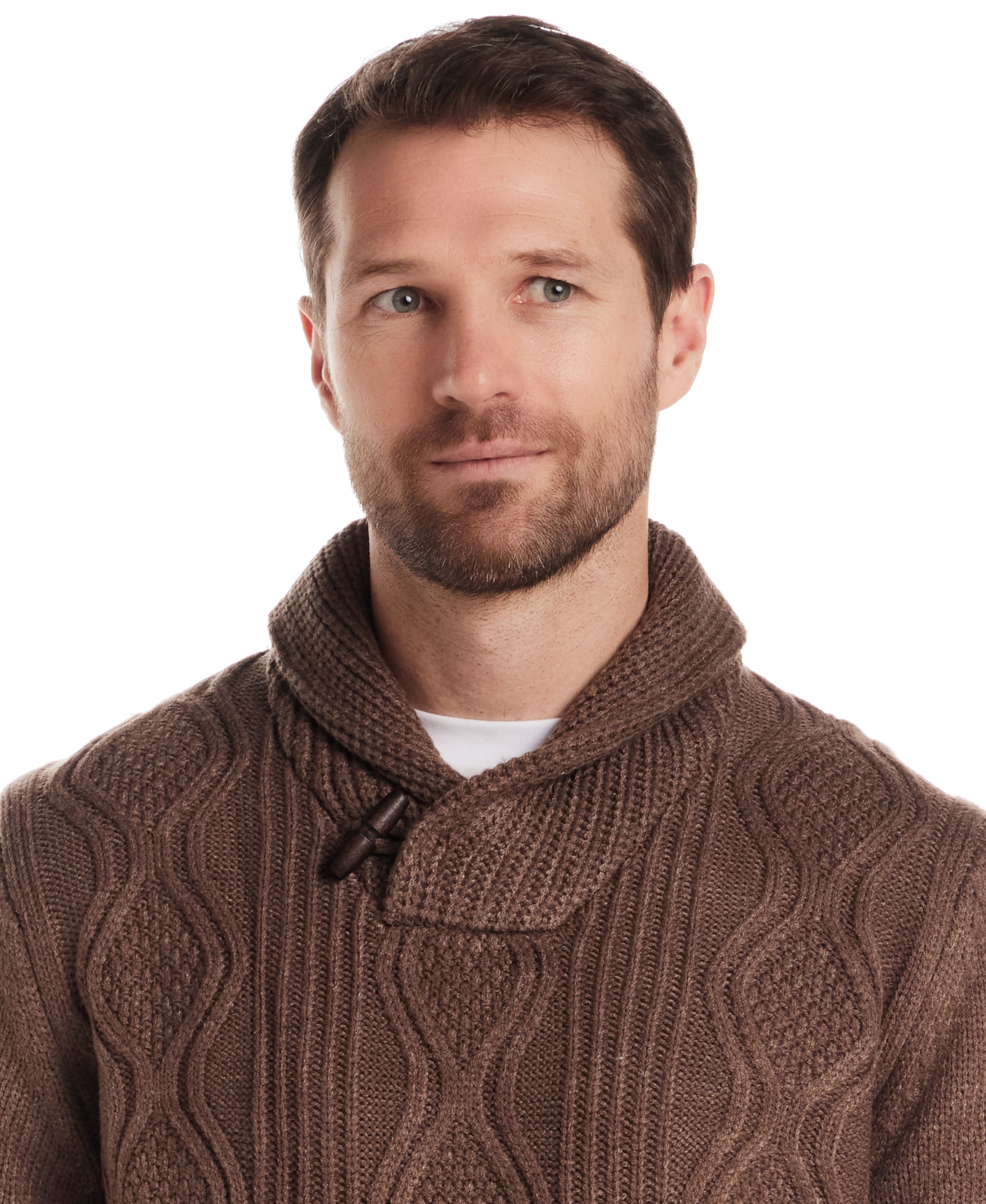 Man wearing a Fisherman Shawl Collar Aran Cable Pullover in Flagstone, featuring a relaxed silhouette and toggle detail.