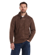 Men's Fisherman Shawl Collar Aran Cable Pullover in Flagstone, showcasing relaxed silhouette and vintage details.