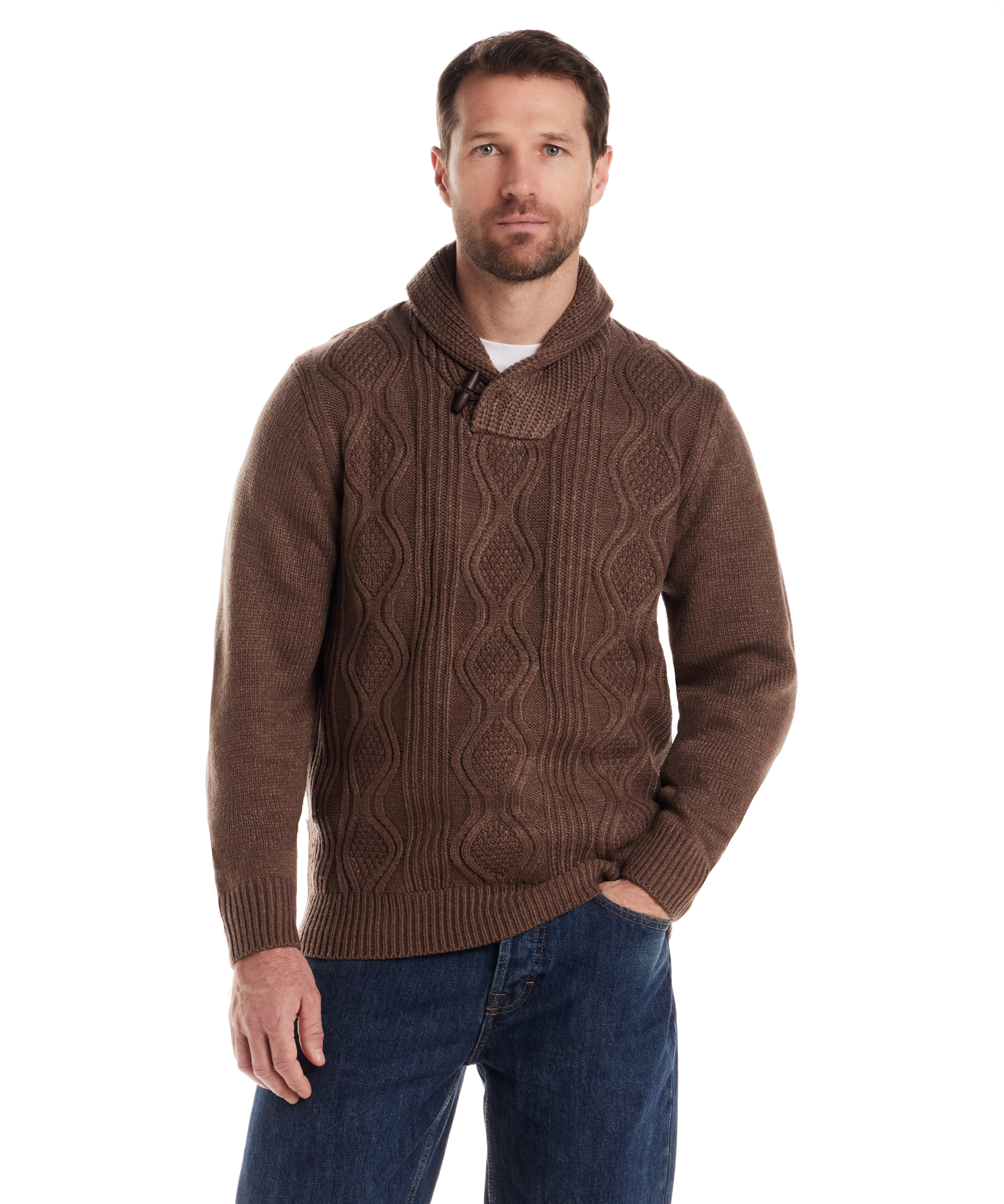 Men's Fisherman Shawl Collar Aran Cable Pullover in Flagstone, showcasing relaxed silhouette and vintage details.