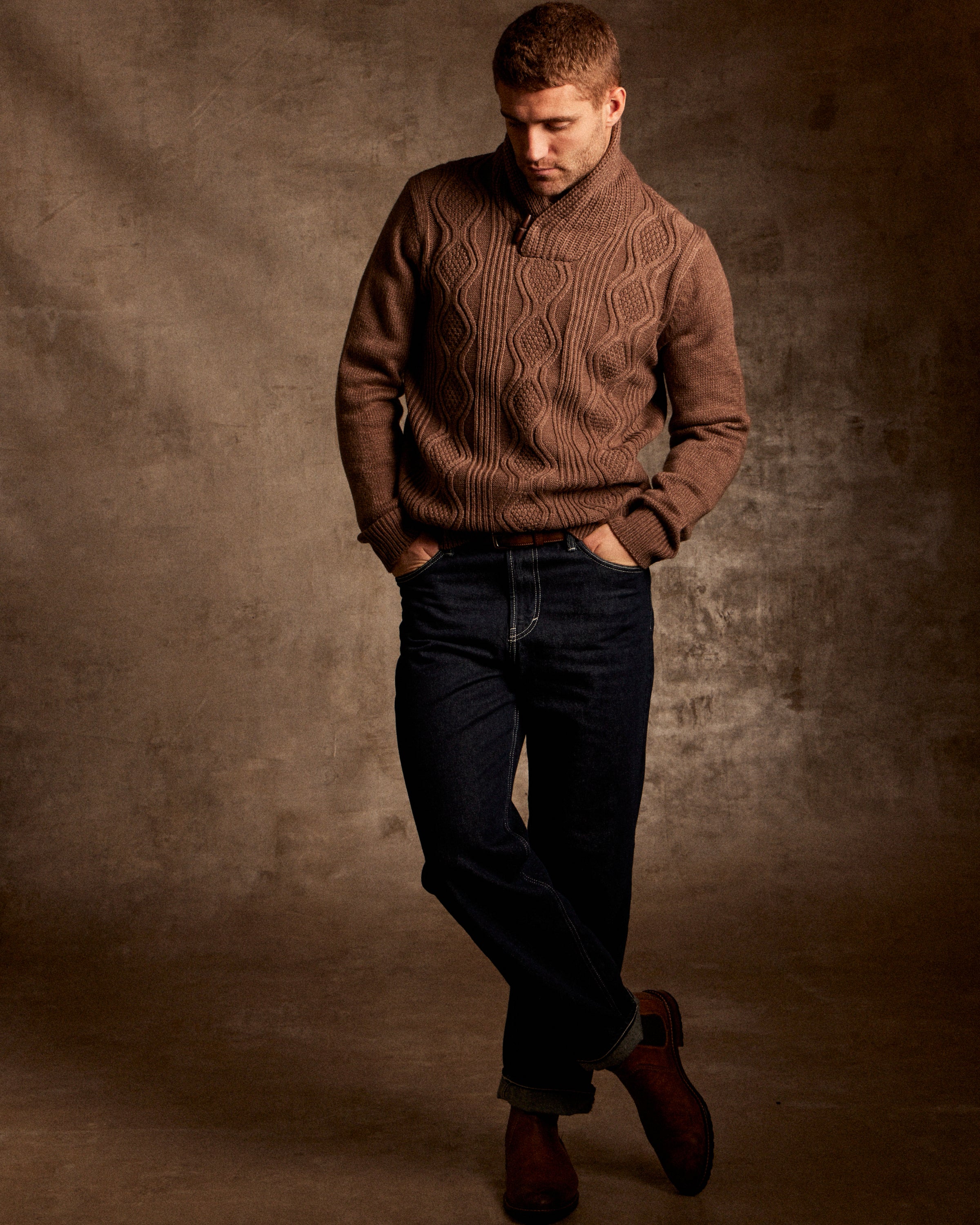 Fisherman Shawl Collar Aran Cable Pullover in Flagstone