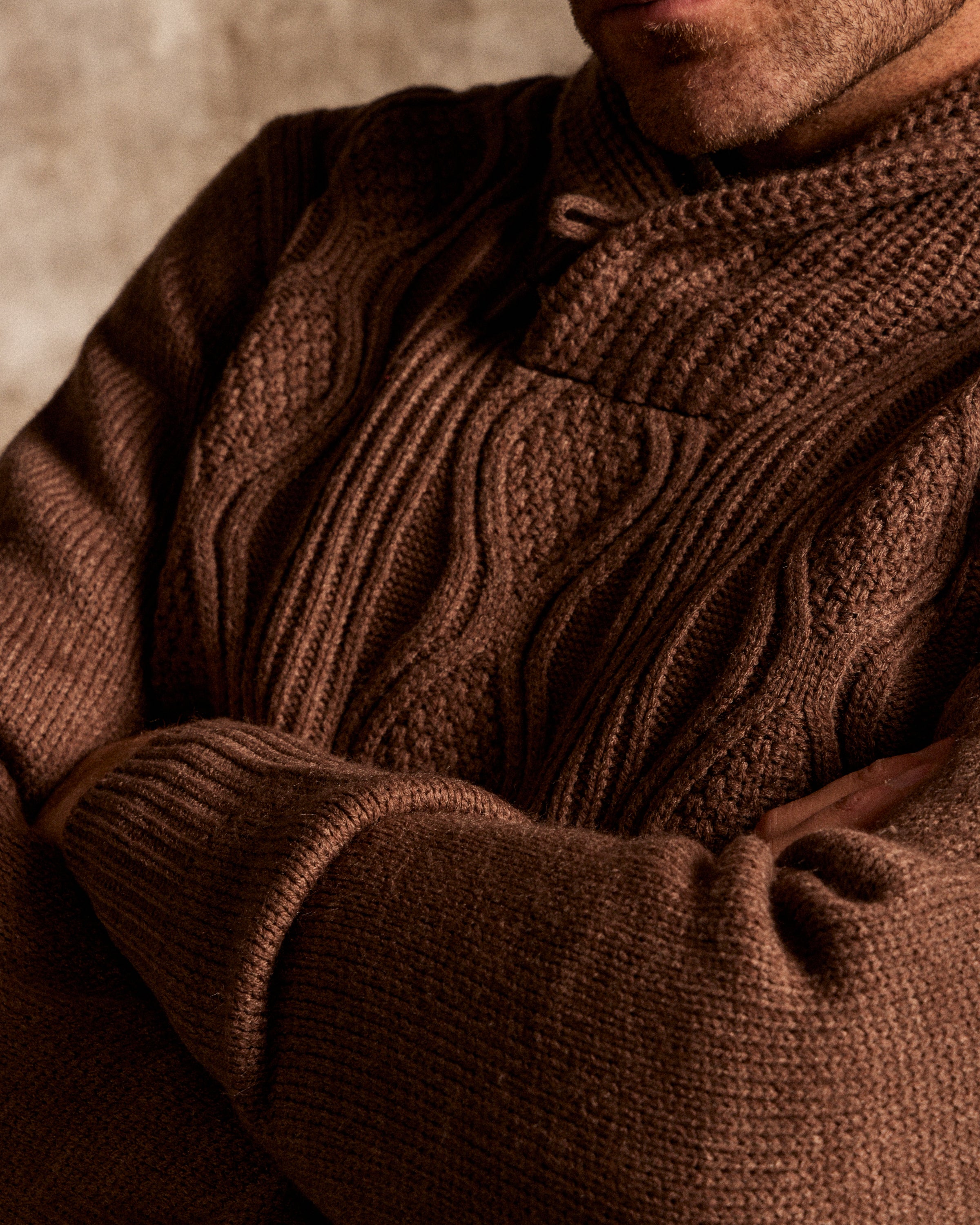 Fisherman Shawl Collar Aran Cable Pullover in Flagstone