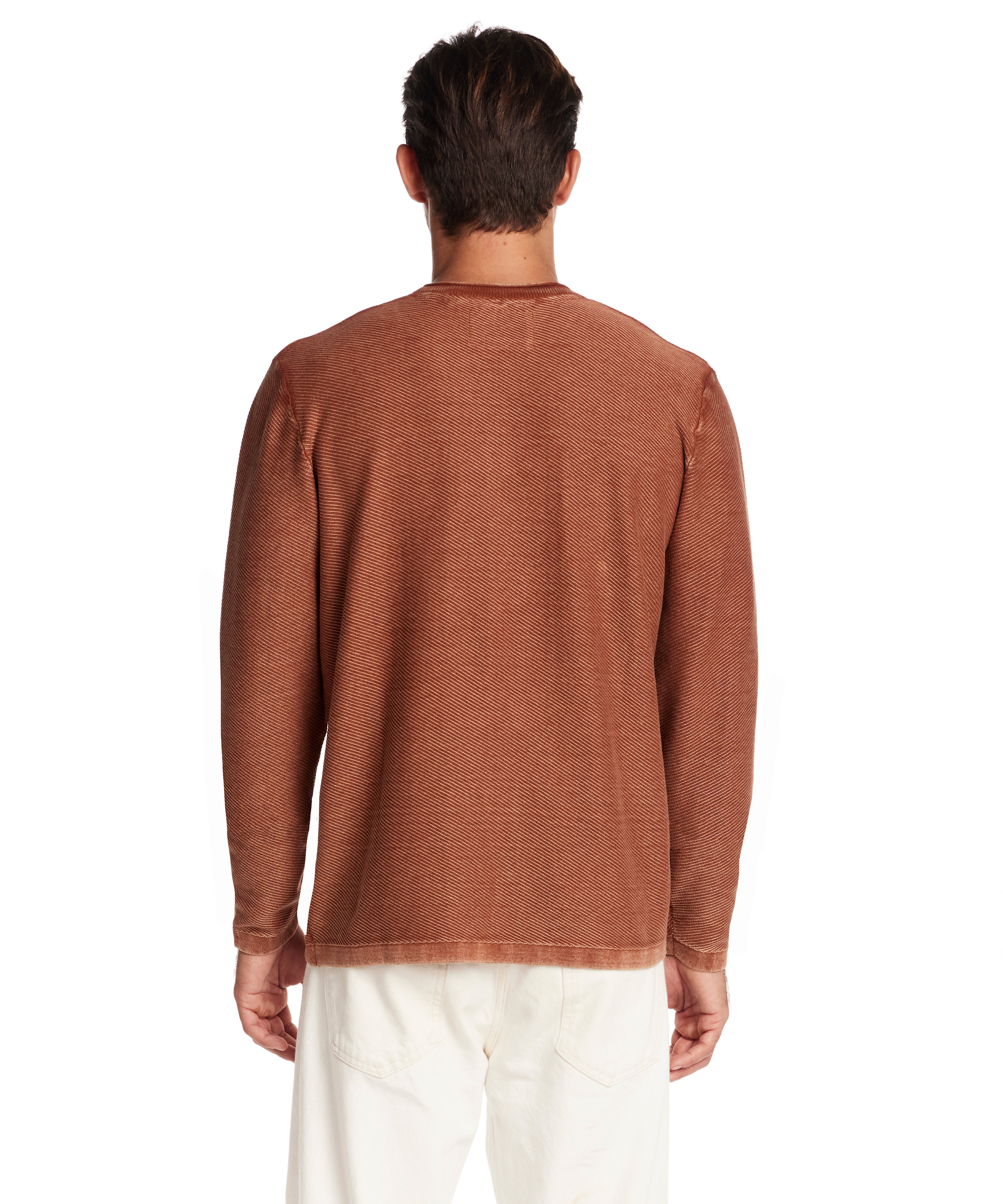 Back view of Twill Stonewash Sweater in Gingerbread, showcasing its vintage look and soft cotton texture.