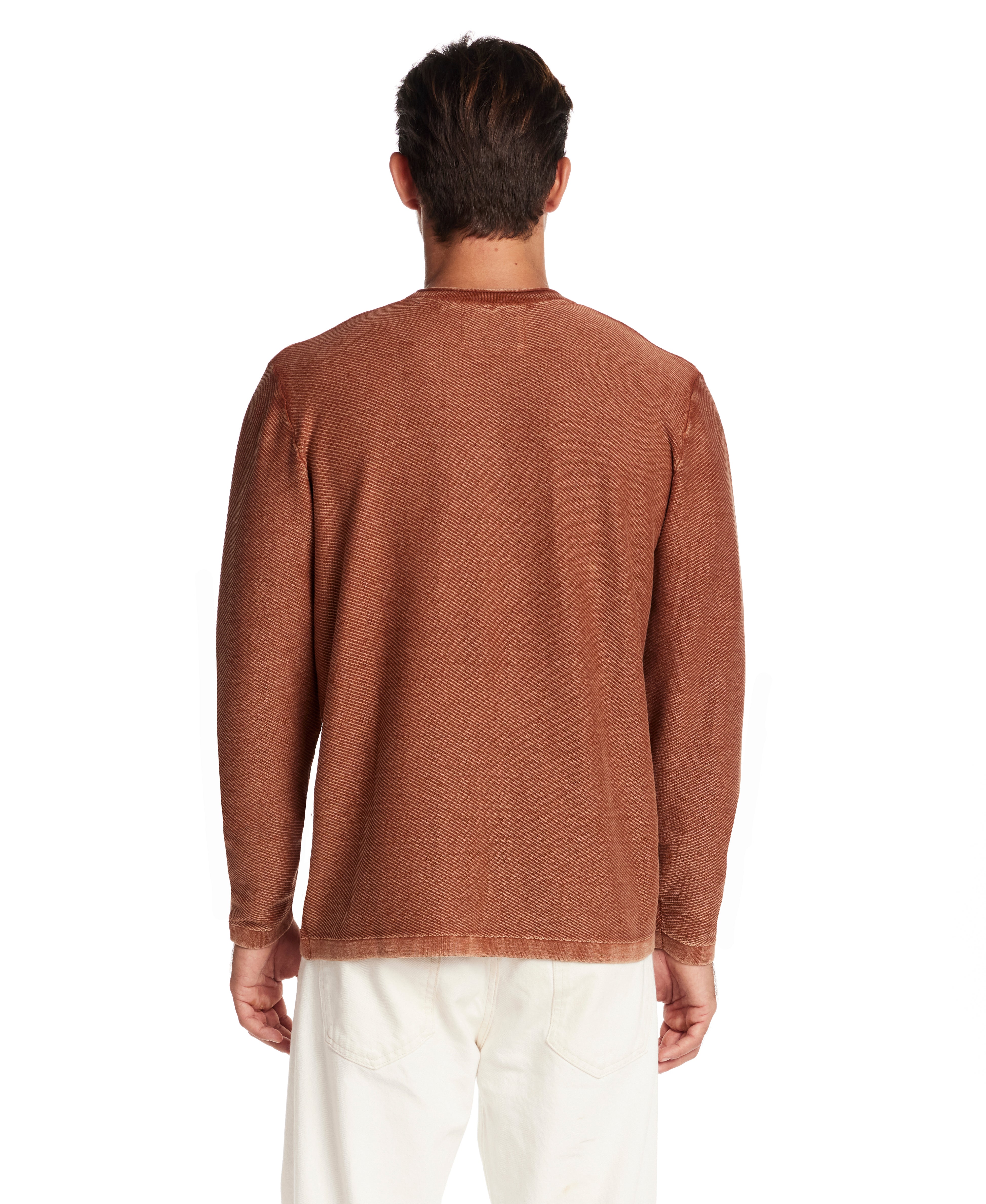 Back view of Twill Stonewash Sweater in Gingerbread, showcasing its vintage look and soft cotton texture.