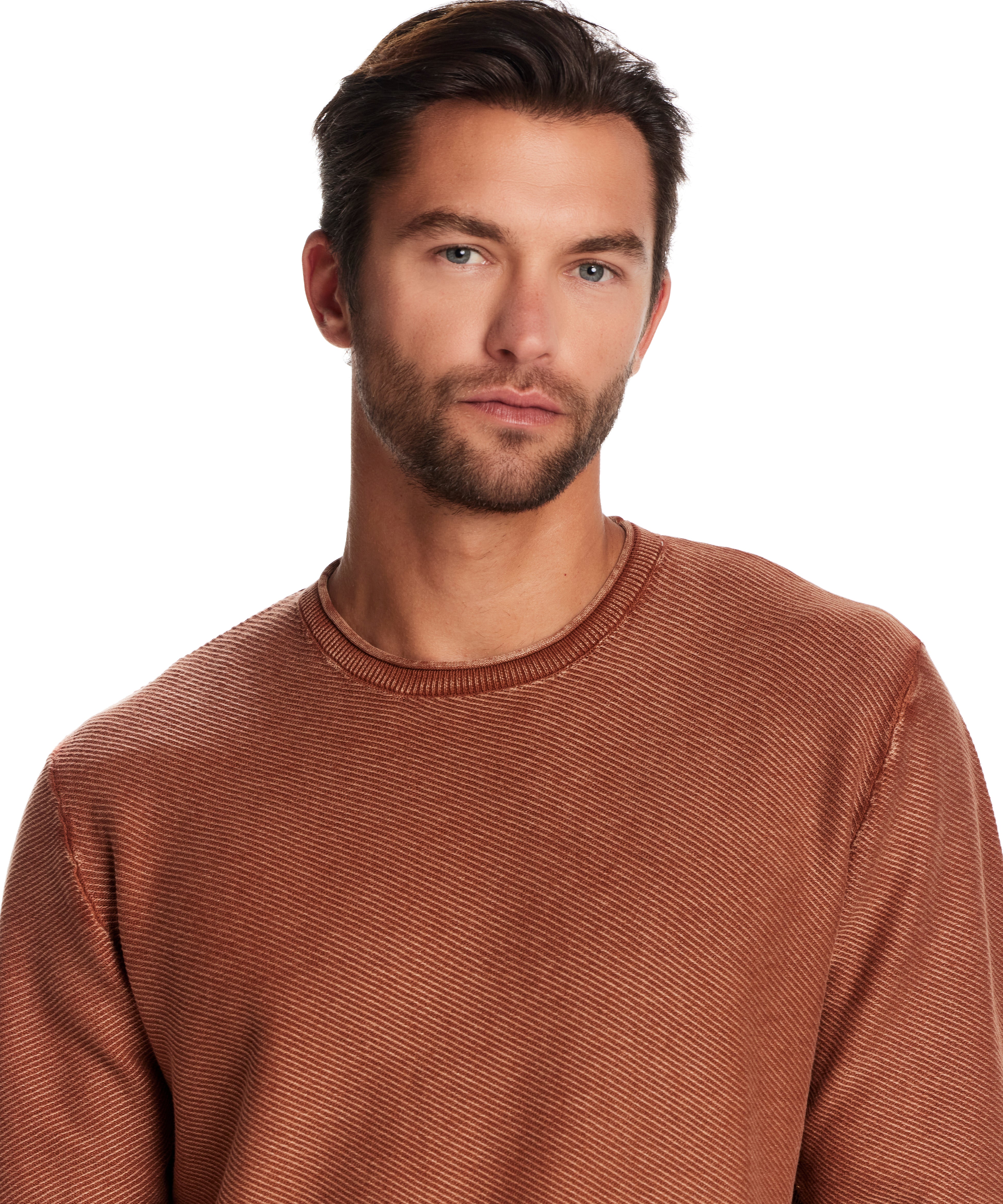 Model wearing a Twill Stonewash Sweater in Gingerbread, showcasing its soft, textured fabric and classic roll-neck design.