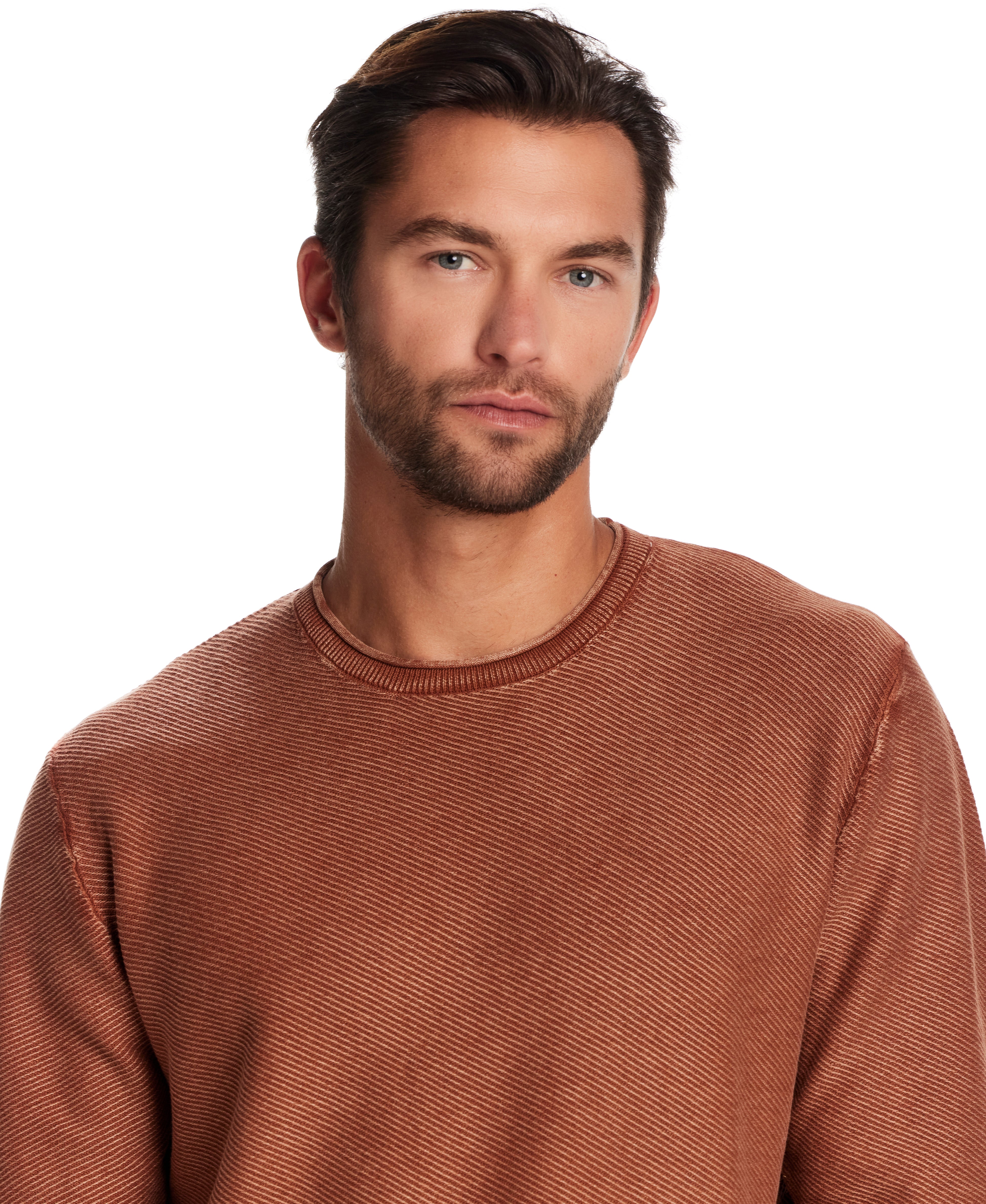 Model wearing a Twill Stonewash Sweater in Gingerbread, showcasing its soft, textured fabric and classic roll-neck design.