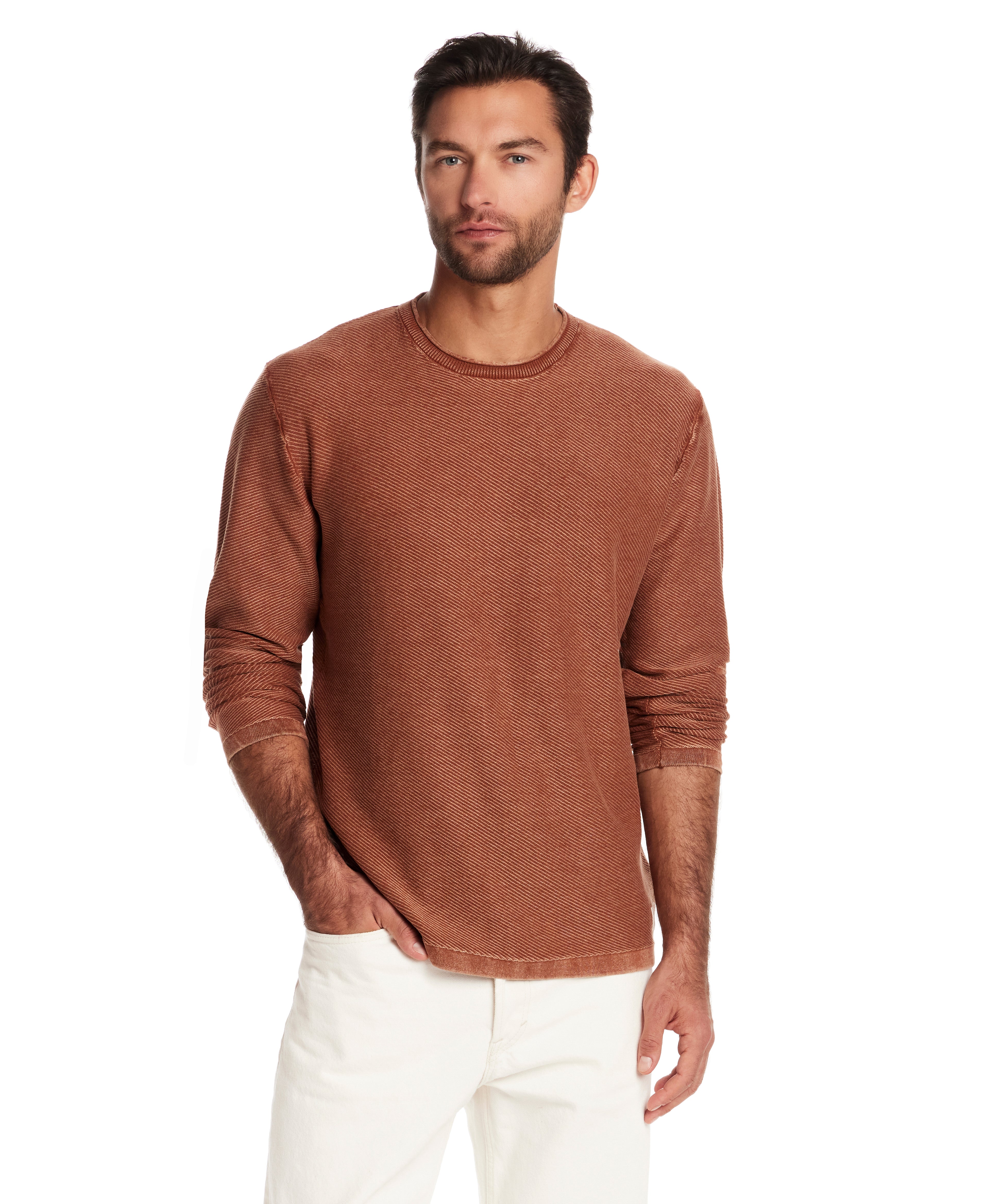 Model wearing a Twill Stonewash Sweater in Gingerbread, showcasing its soft fabric and relaxed fit.