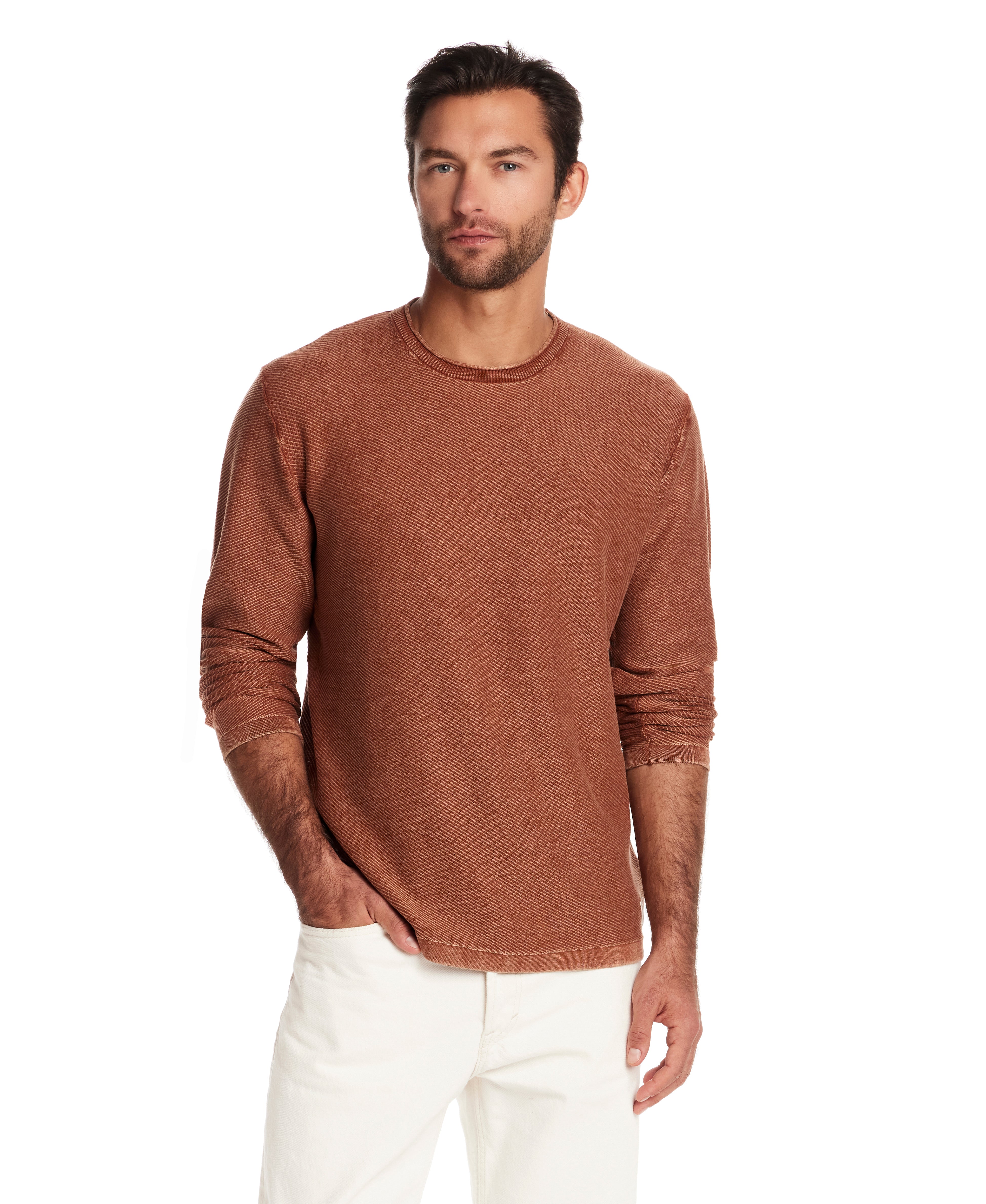 Model wearing a Twill Stonewash Sweater in Gingerbread, showcasing its soft fabric and relaxed fit.