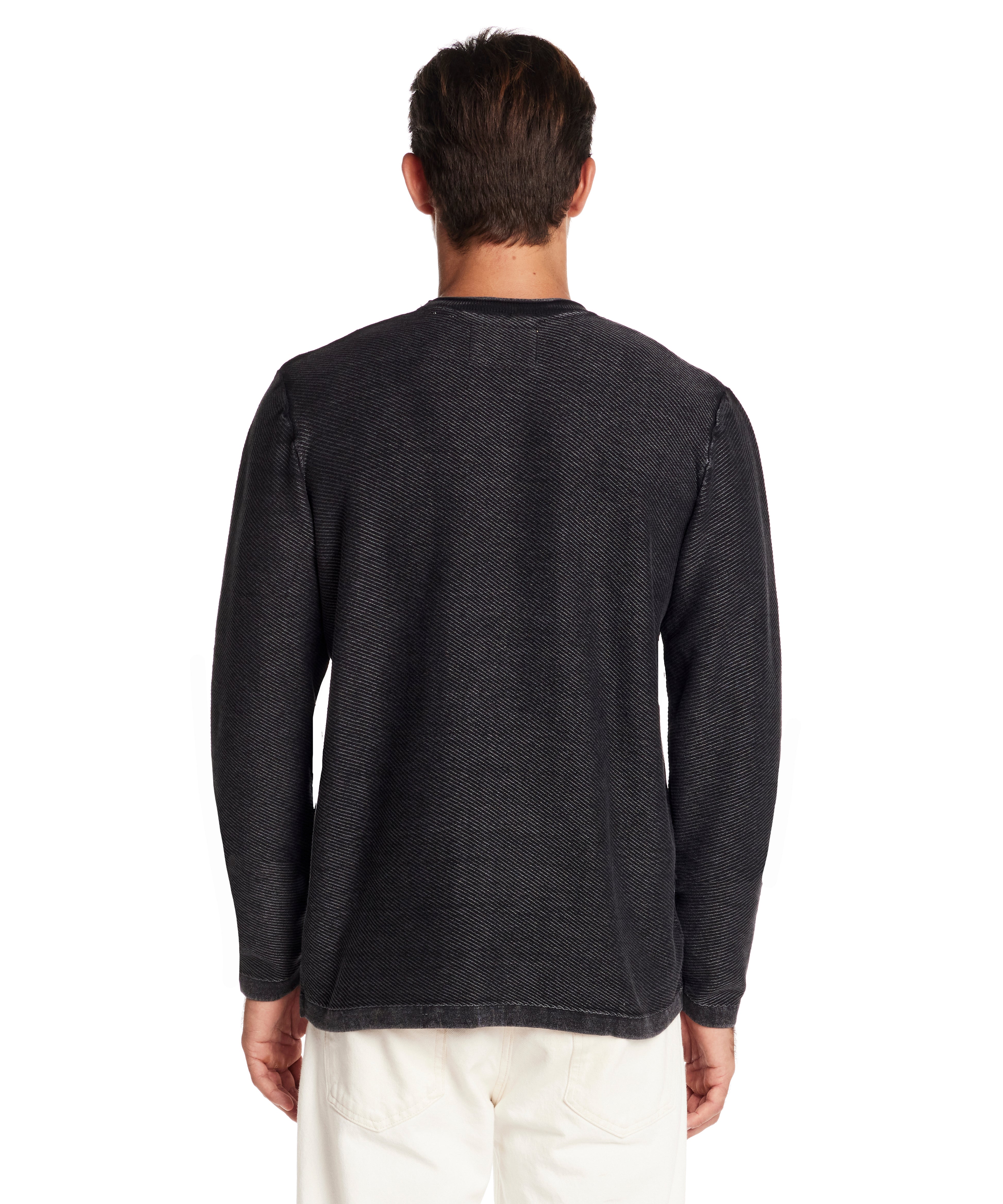 Back view of Twill Stonewash Sweater in Meteorite, showcasing its vintage look and classic roll-neck design.