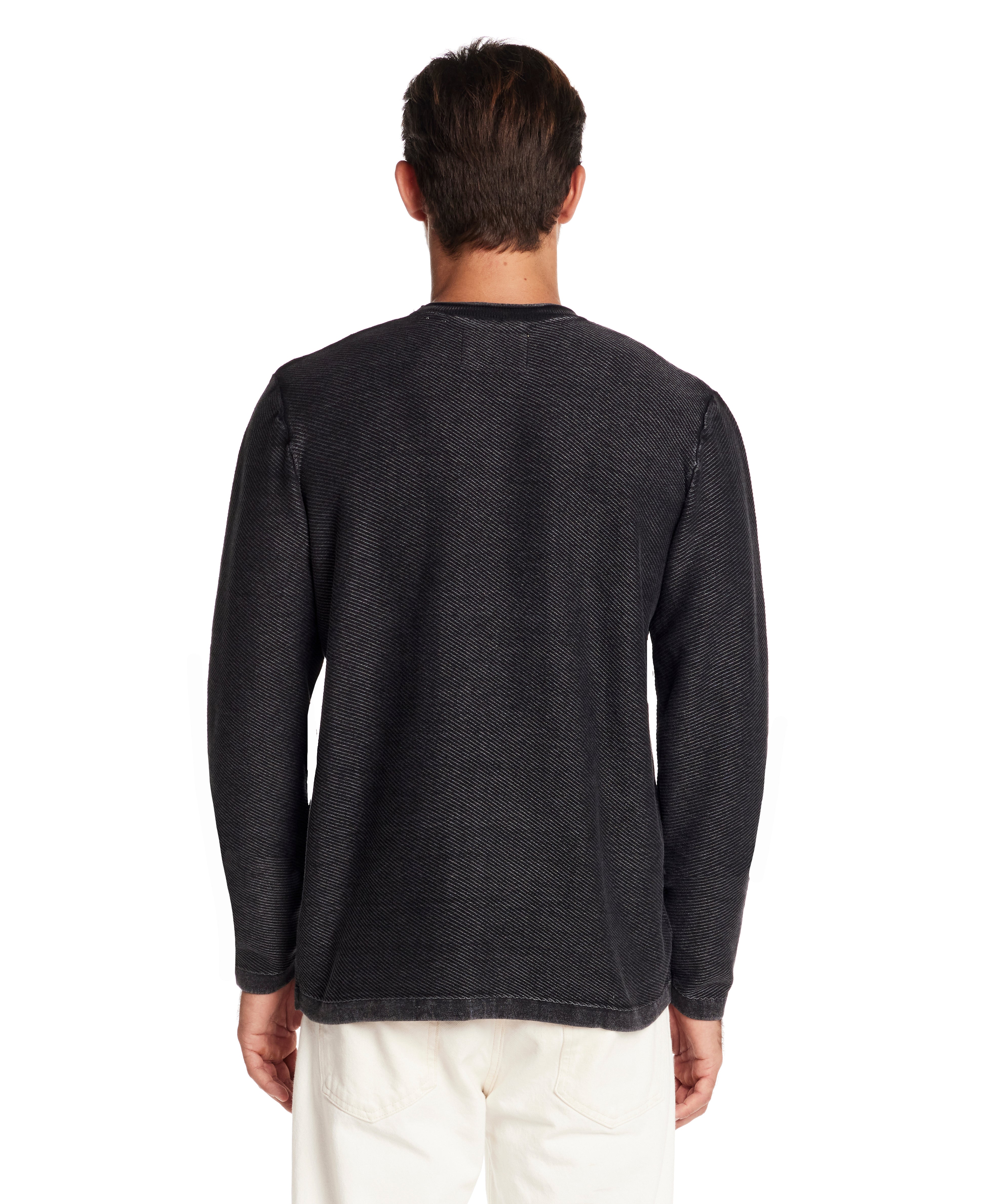 Back view of Twill Stonewash Sweater in Meteorite, showcasing its vintage look and classic roll-neck design.