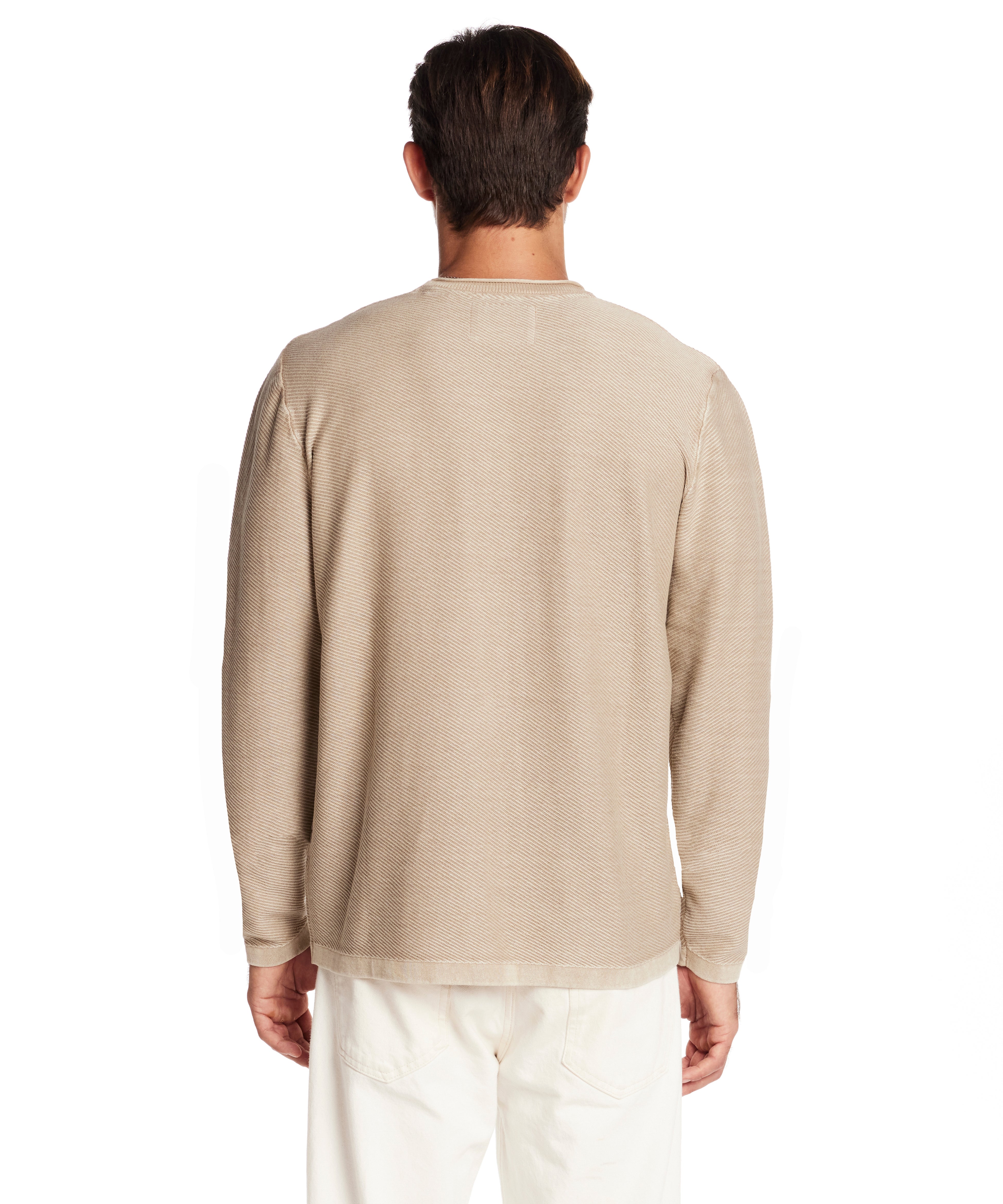 Back view of Twill Stonewash Sweater in Vintage Khaki, showcasing soft cotton yarn in a classic roll-neck style.