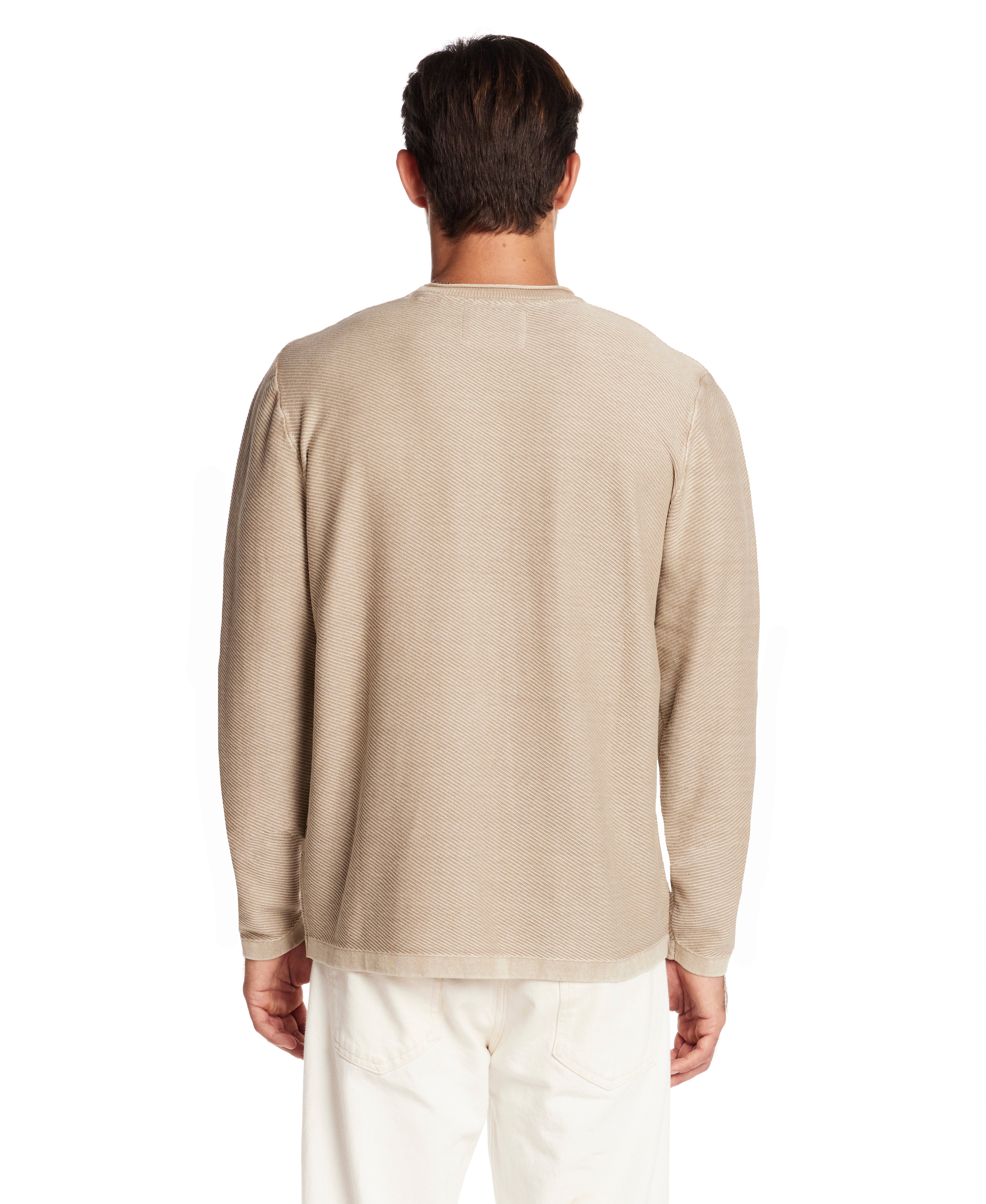 Back view of Twill Stonewash Sweater in Vintage Khaki, showcasing soft cotton yarn in a classic roll-neck style.