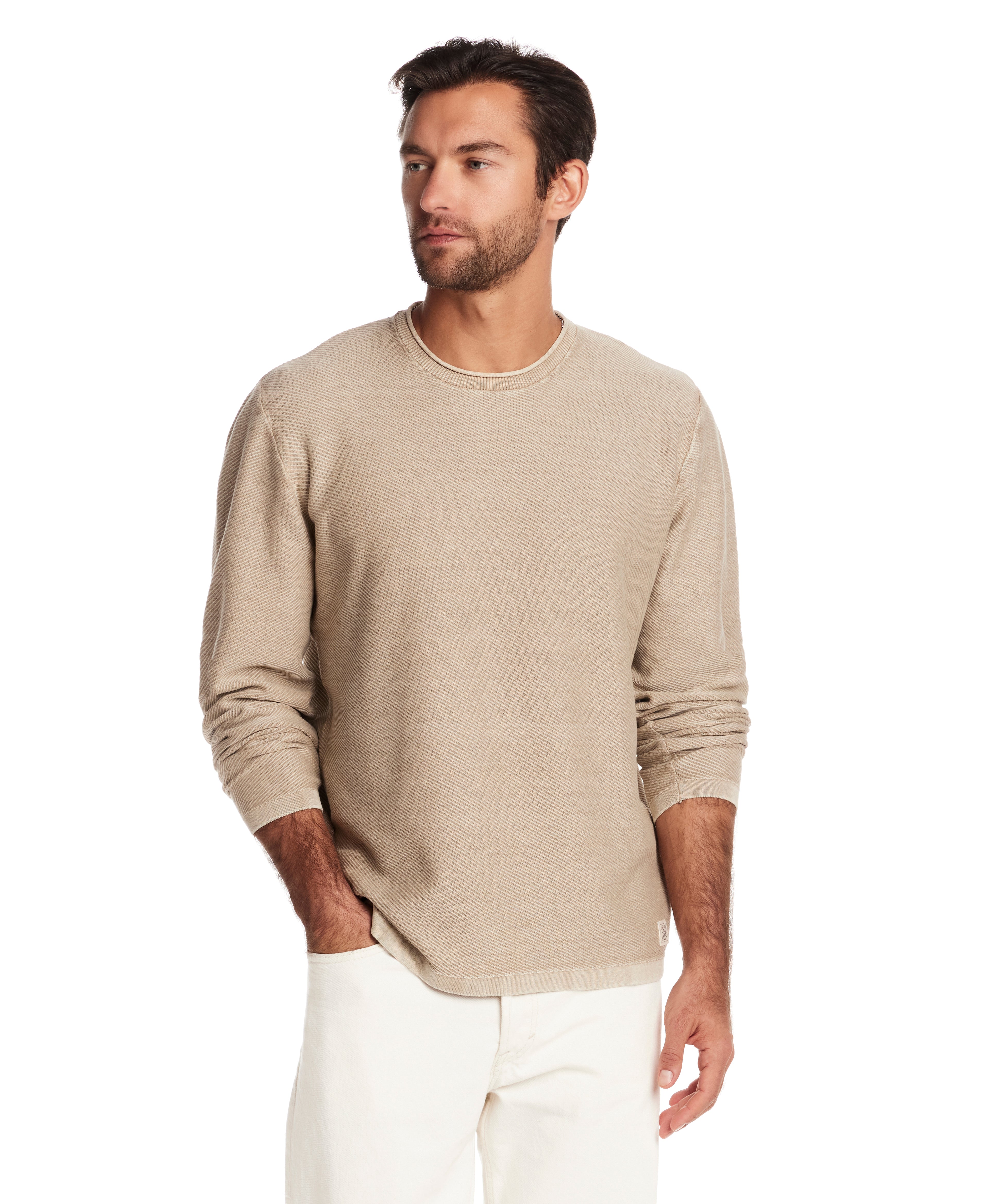 Twill stonewash sweater in vintage khaki on model, showcasing a casual, transitional style with a roll-neck design.